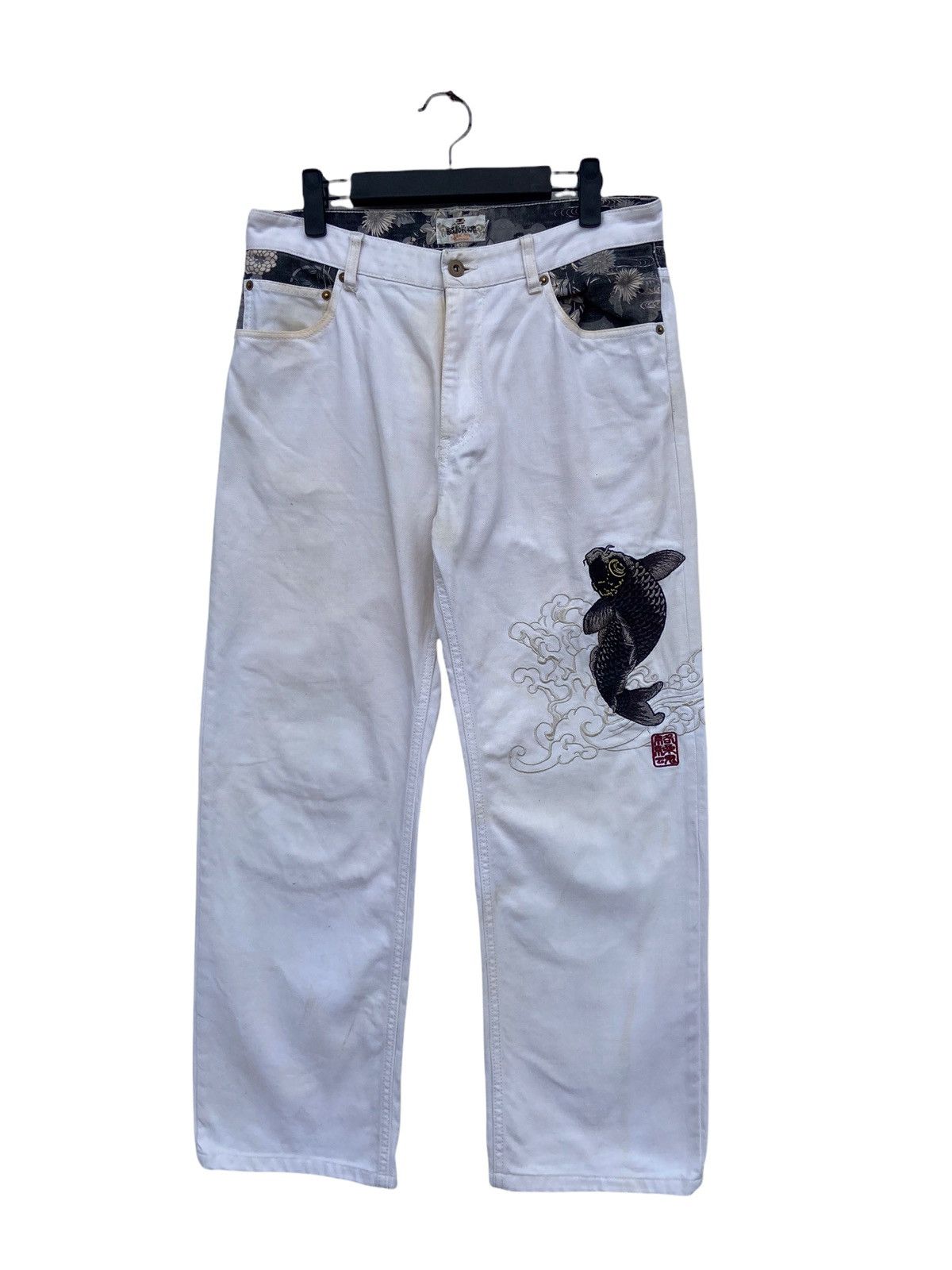 Japanese Brand Karakuri Sukajan Embroidery Carp Fish Pant Size US 32 / EU 48 - 2 Thumbnail