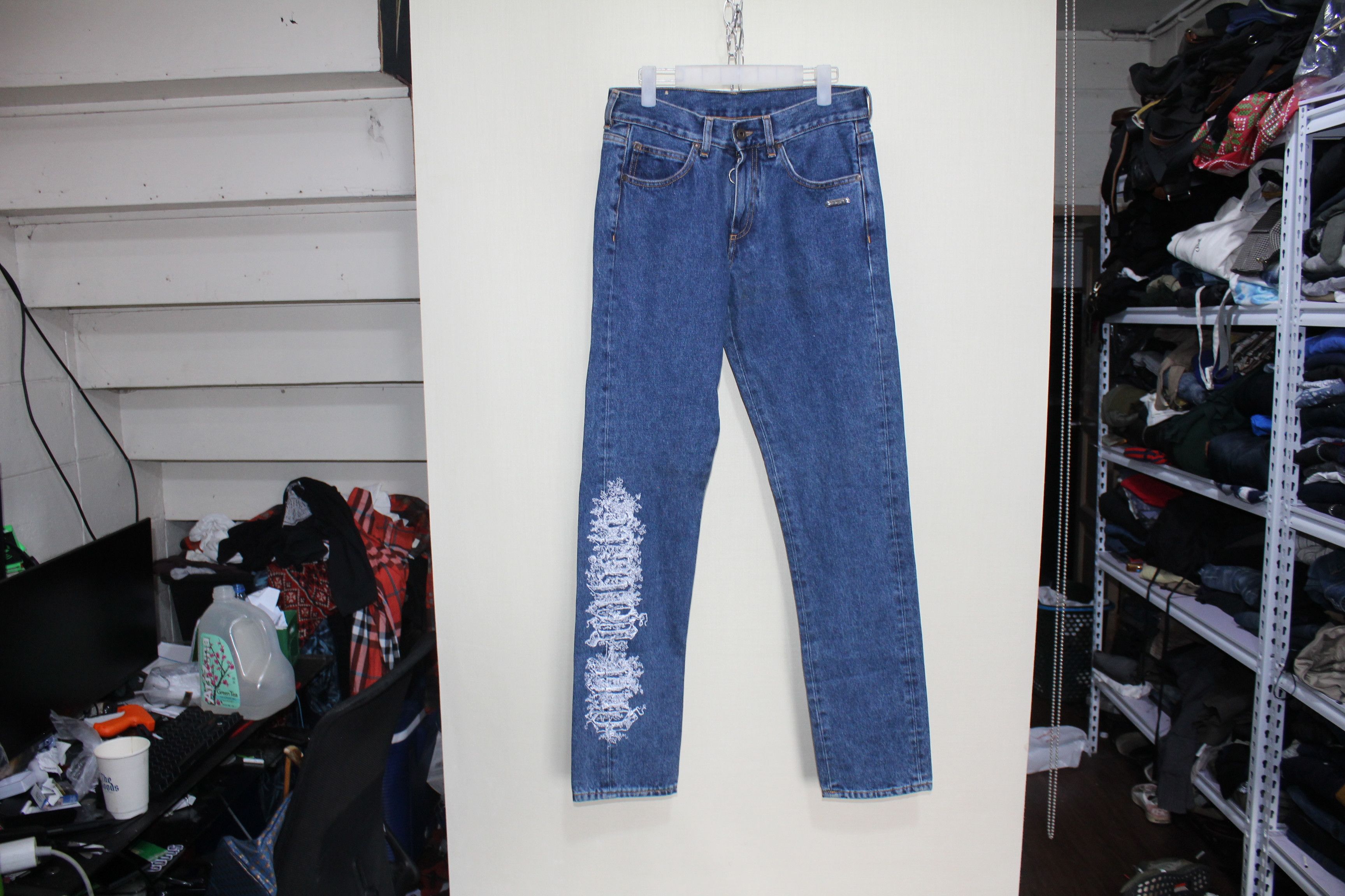 image of Off White Gothic Font Denim Pants in Blue, Men's (Size 30)