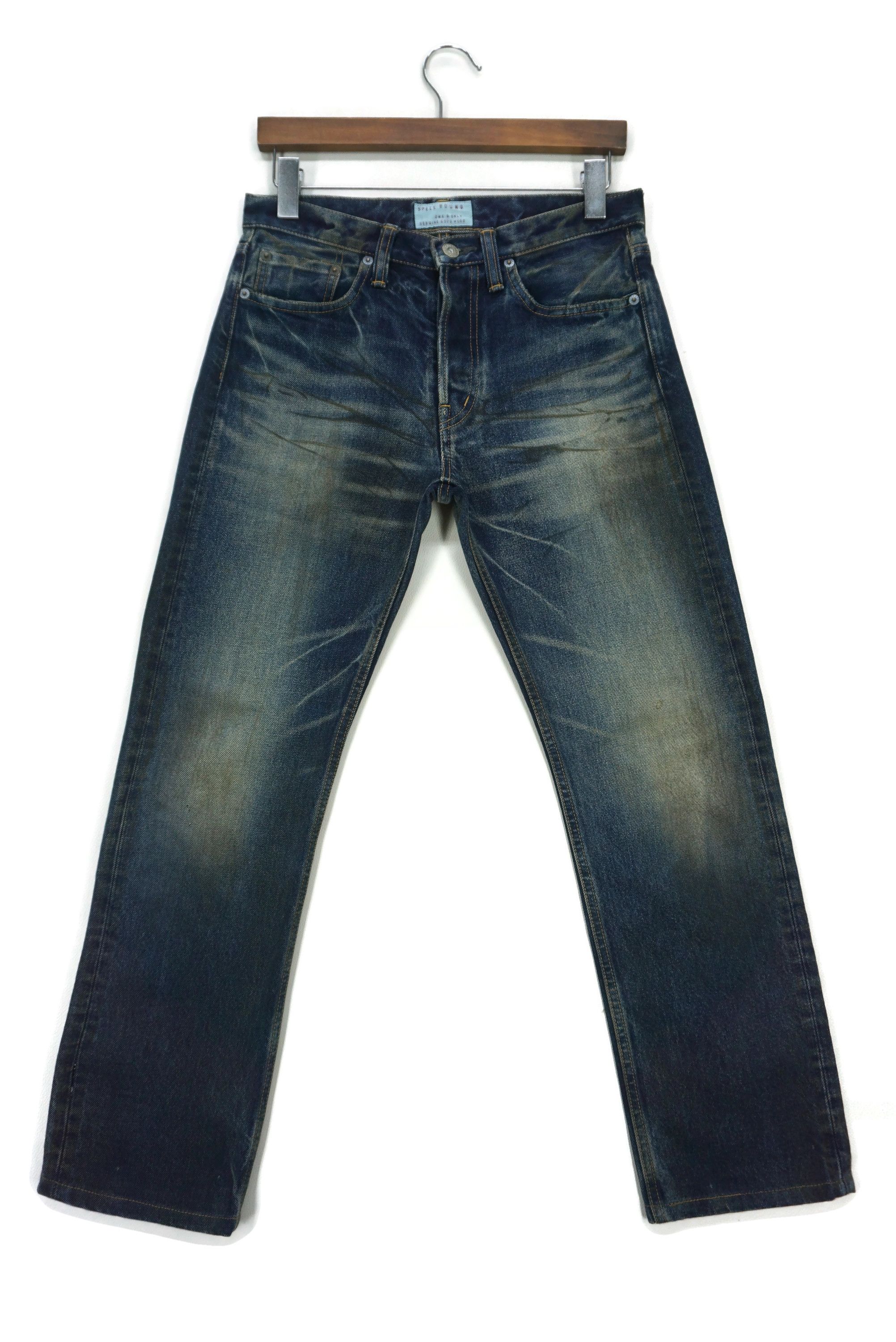 image of Military x Spellbound Straight Leg Hickory Distressed Workwear Tapered Pants in Blue (Size 28)