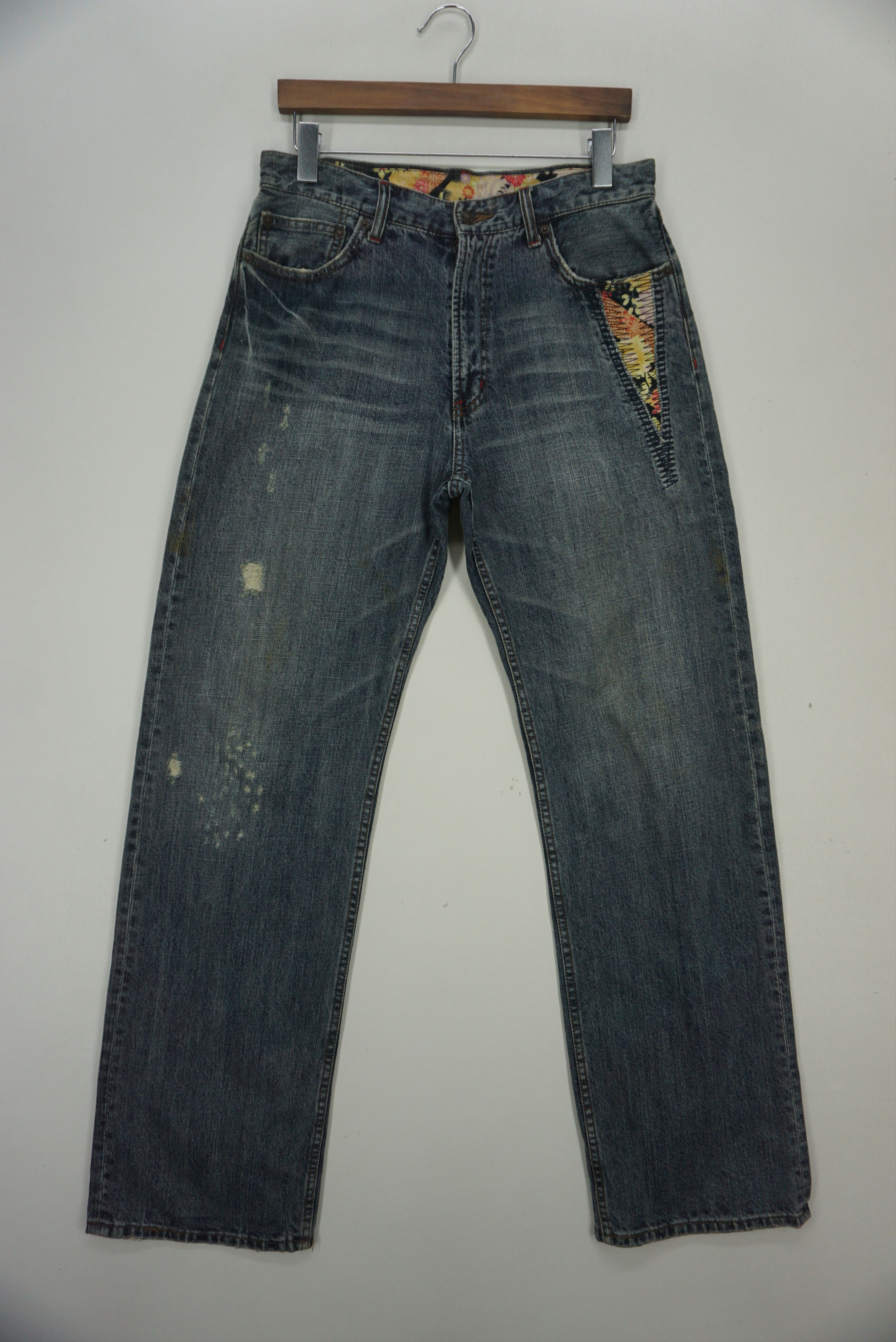 image of Rockers Japanese Traditional Abstract Floral Trimming Jeans in Blue, Men's (Size 32)