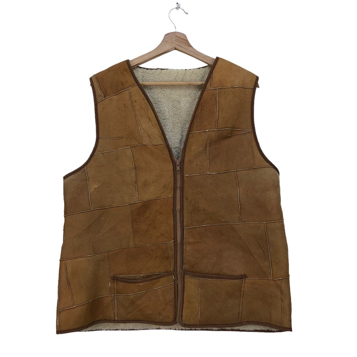 image of Leather x Vintage Pacthwork Vest Jacket in Brown, Men's (Size Medium)