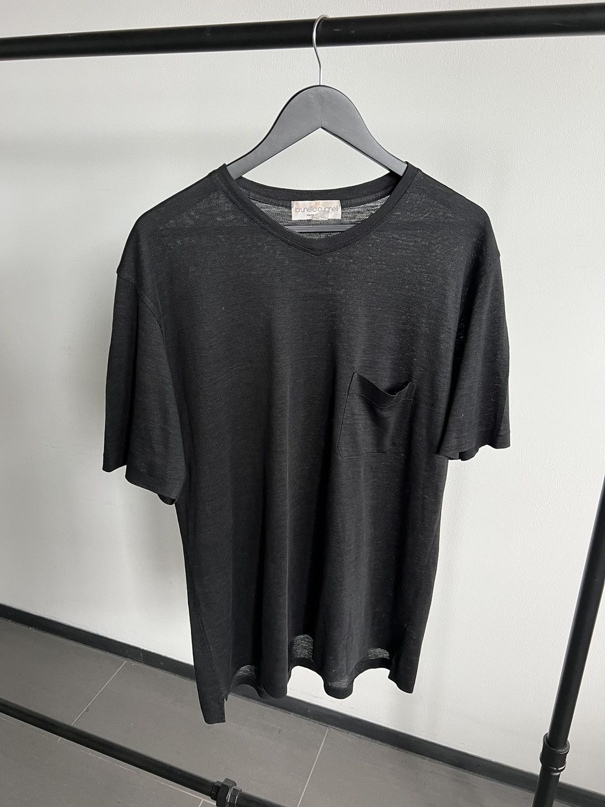image of Brunello Cucinelli Black 100% Linen Pocket Tee, Men's (Size XL)