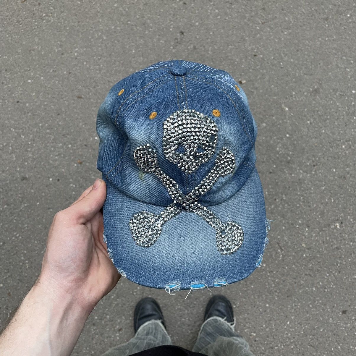 Vintage Vintage Y2K Denim Cap Skull Crossbones Studded Streetwear OS Size ONE SIZE - 2 Thumbnail