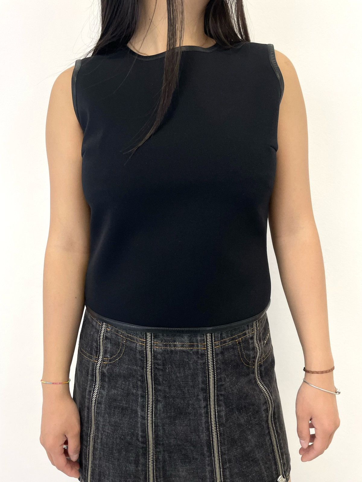 image of 1999 Gucci Tom Ford Leather Trim Wool Zip Tank Top Vest in Black, Women's (Size Medium)