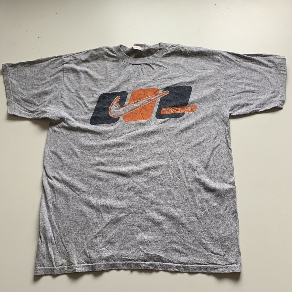 Pre-owned Nike X Vintage 1990s Nike Swoosh Graphic T Shirt Medium Made In Usa In Gray