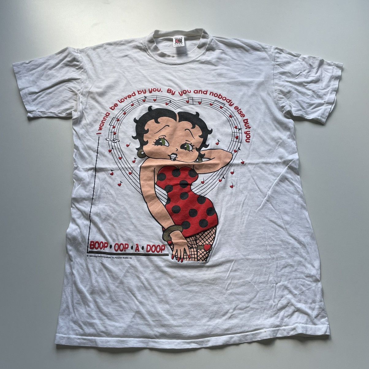 image of Vintage 90's Betty Boop Cartoon Graphic T Shirt Single Stitch in White, Men's (Size XL)