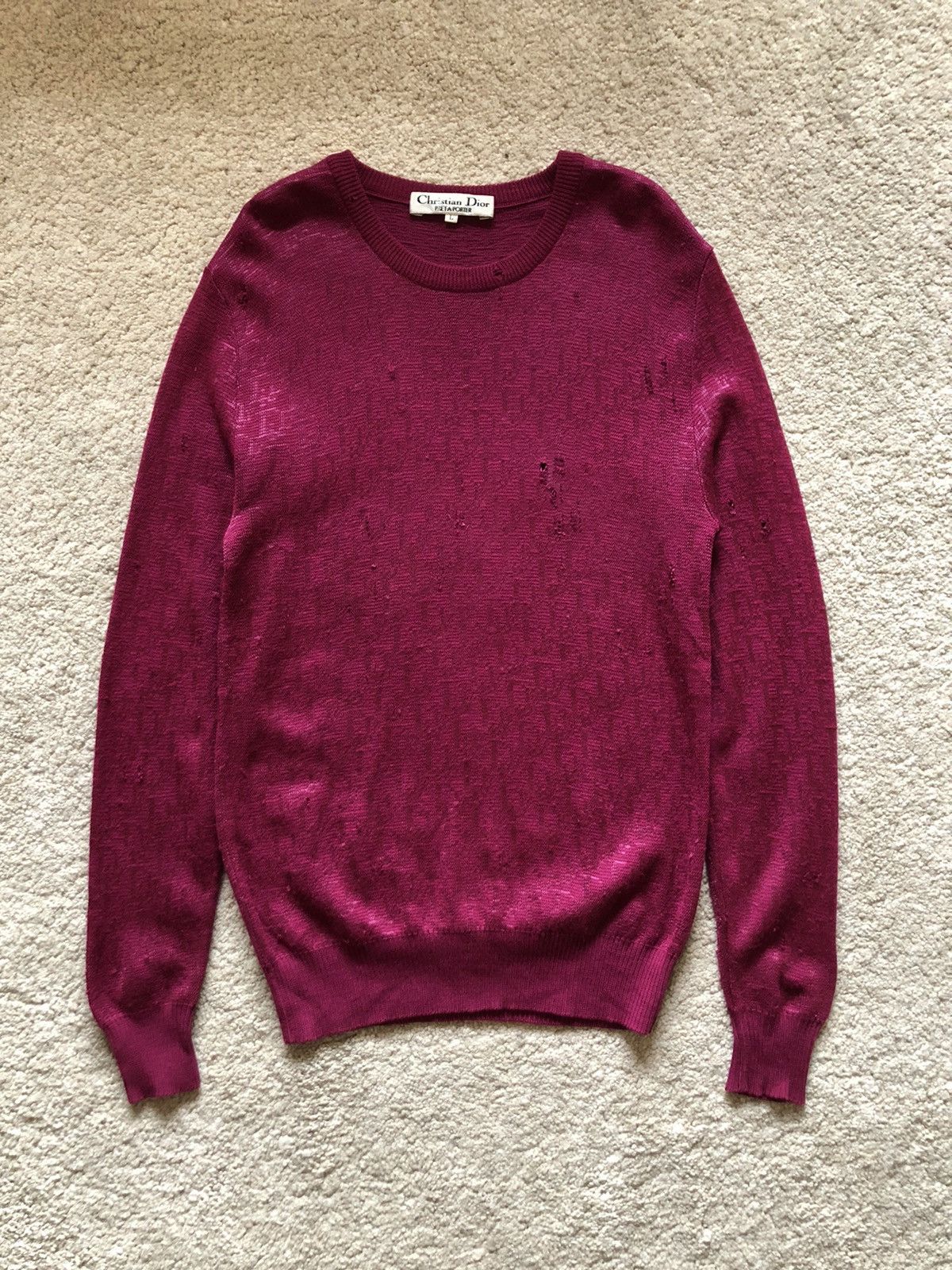 image of Christian Dior Monsieur x Dior 1990S Christian Dior Monogram Thrashed Knitted Sweatshirt in Maroon,