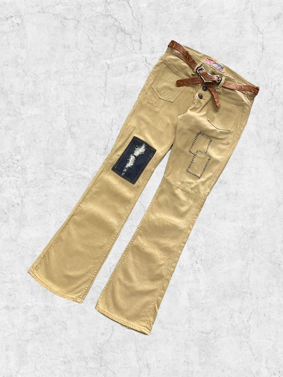 Rei Kawakubo × Tornado Mart Vintage Blutenblatt Patchwork Flared Denim With Leather Belt Size US 32 / EU 48 - 4 Thumbnail