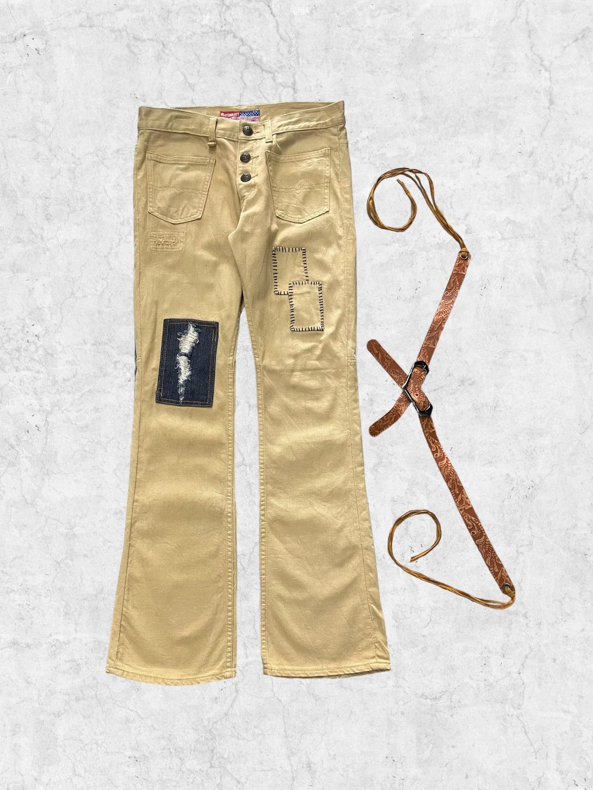 Rei Kawakubo × Tornado Mart Vintage Blutenblatt Patchwork Flared Denim With Leather Belt Size US 32 / EU 48 - 2 Thumbnail