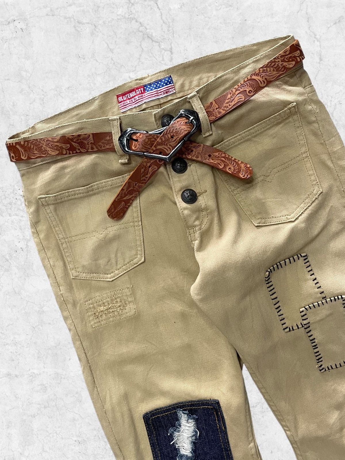 Rei Kawakubo × Tornado Mart Vintage Blutenblatt Patchwork Flared Denim With Leather Belt Size US 32 / EU 48 - 5 Thumbnail