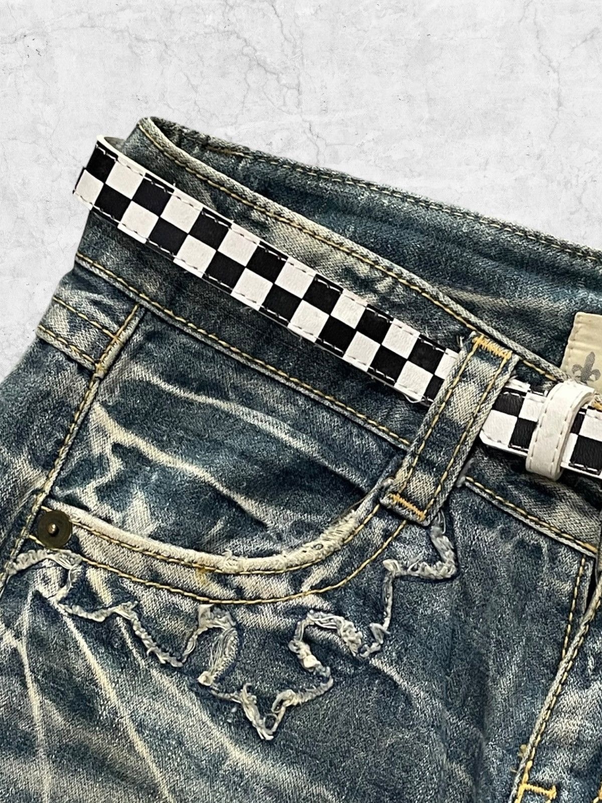 Designer × If Six Was Nine × Le Grande Bleu (L.G.B.) Cook Japan Fleur Storm Flared With Checker Belt Pants Size US 28 / EU 44 - 6 Thumbnail