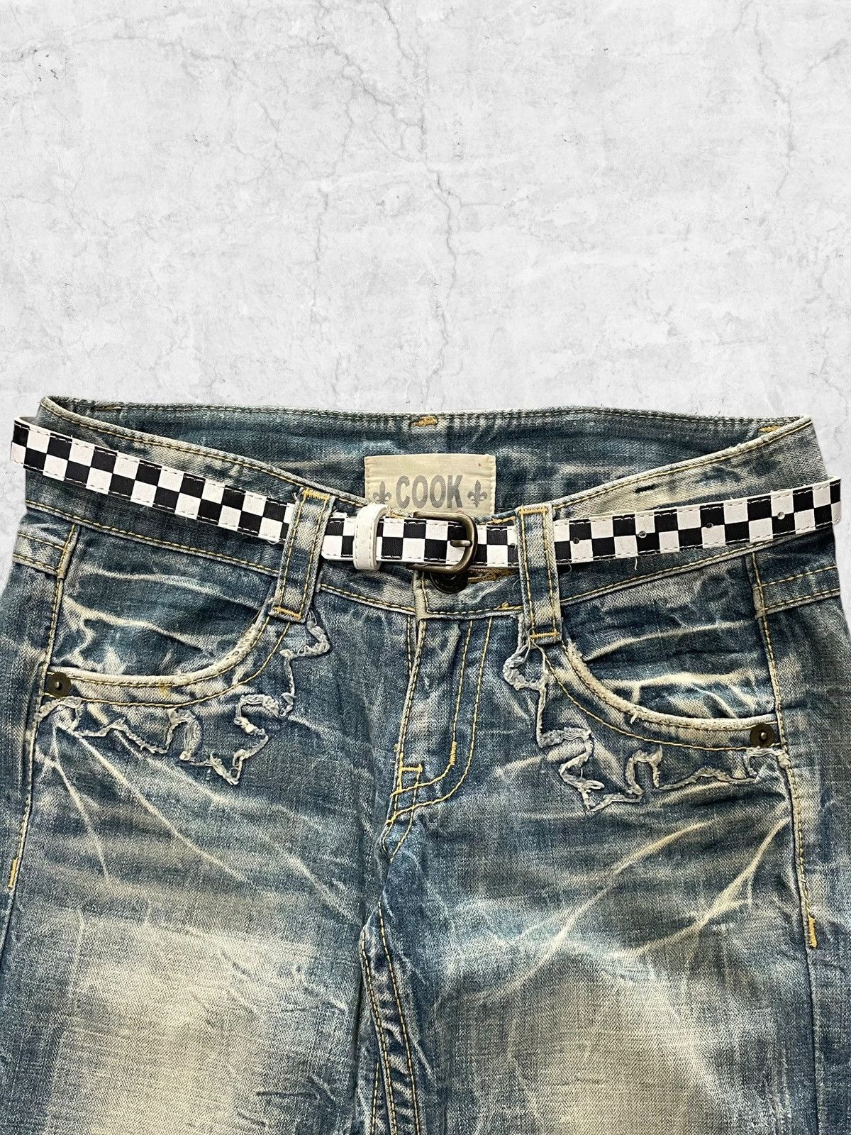 Designer × If Six Was Nine × Le Grande Bleu (L.G.B.) Cook Japan Fleur Storm Flared With Checker Belt Pants Size US 28 / EU 44 - 4 Thumbnail