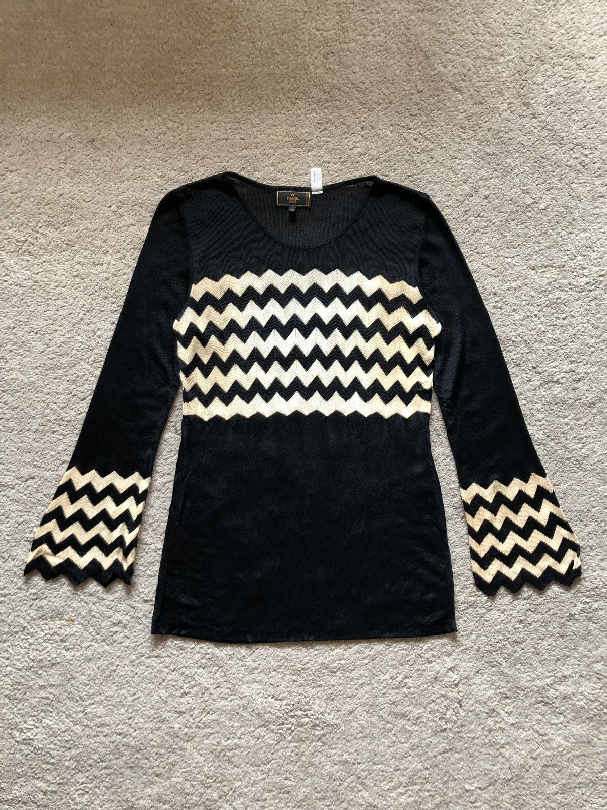 Image of 1990S Fendi Wave Stripe Knitted Long Sleeve T-Shirt in Black, Women's (Size Small)