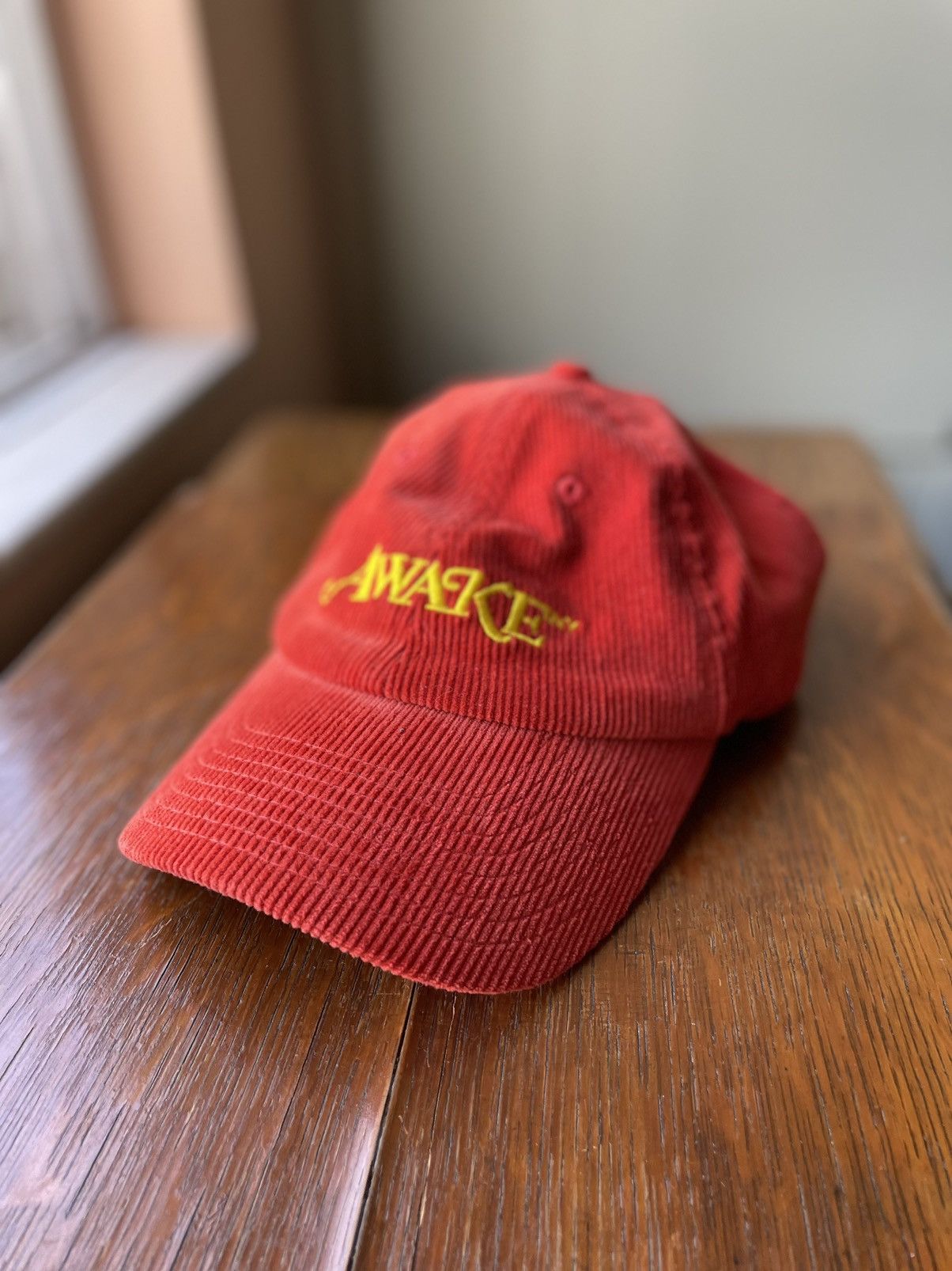 image of Awake Ny Adjustable 6 Panel Corduroy Dad Cap in Red, Men's