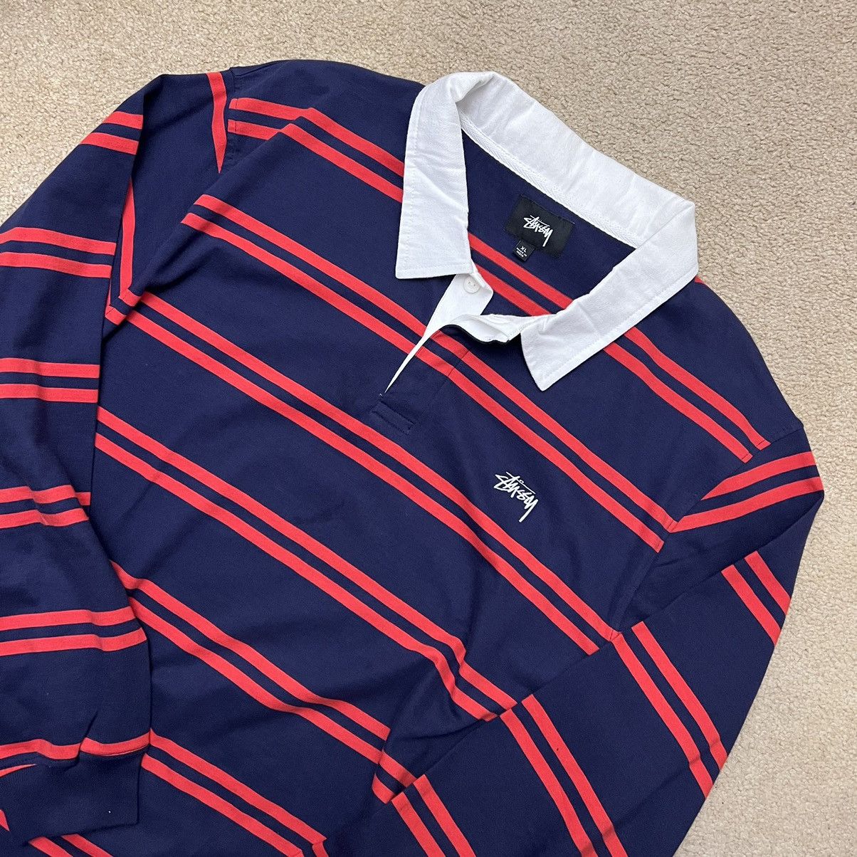 Stussy Striped Rugby Polo XL Navy Red