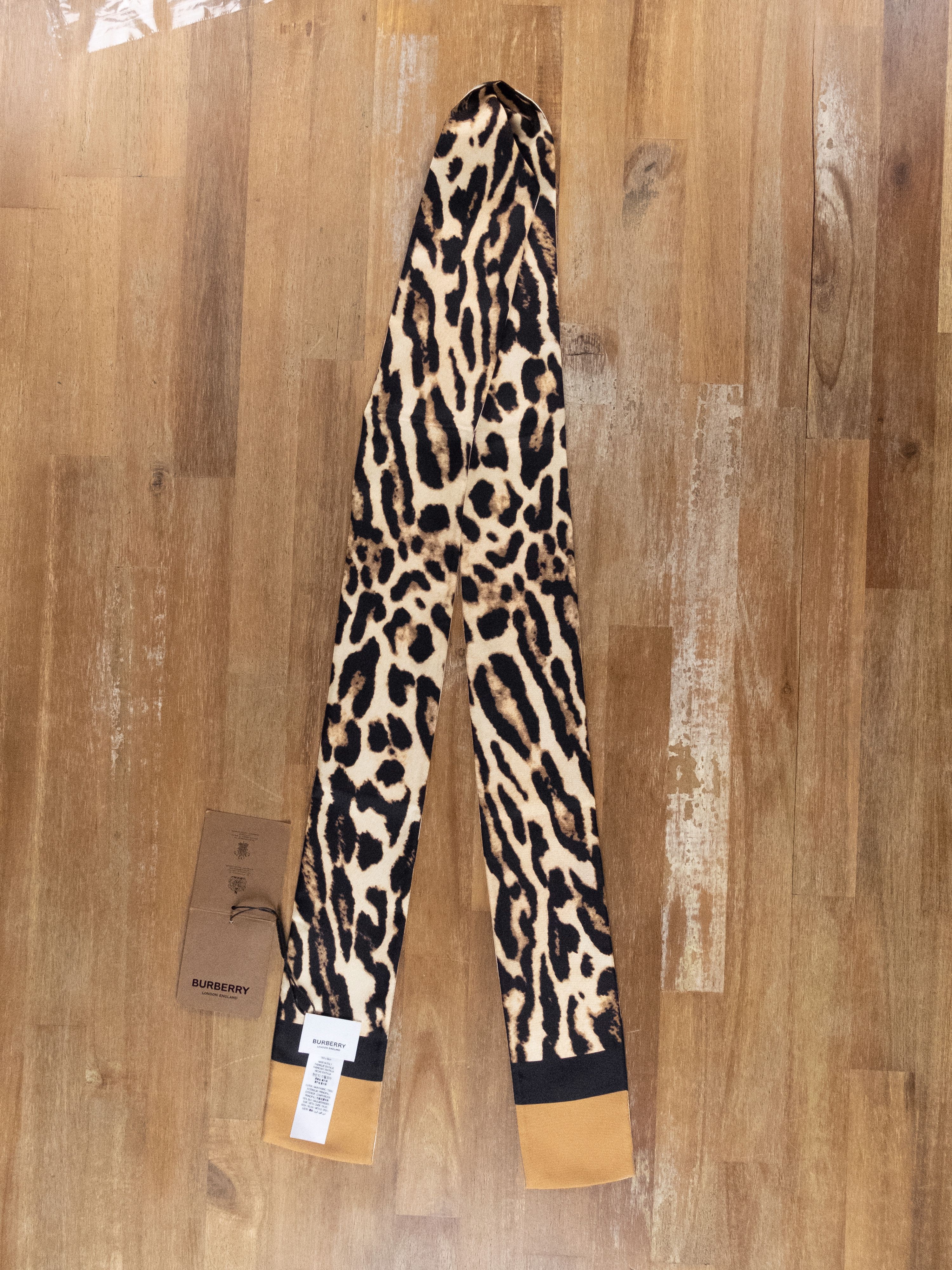 image of Burberry Leopard Animal Print Twill Silk Long Ribbon Scarf in Mix, Women's