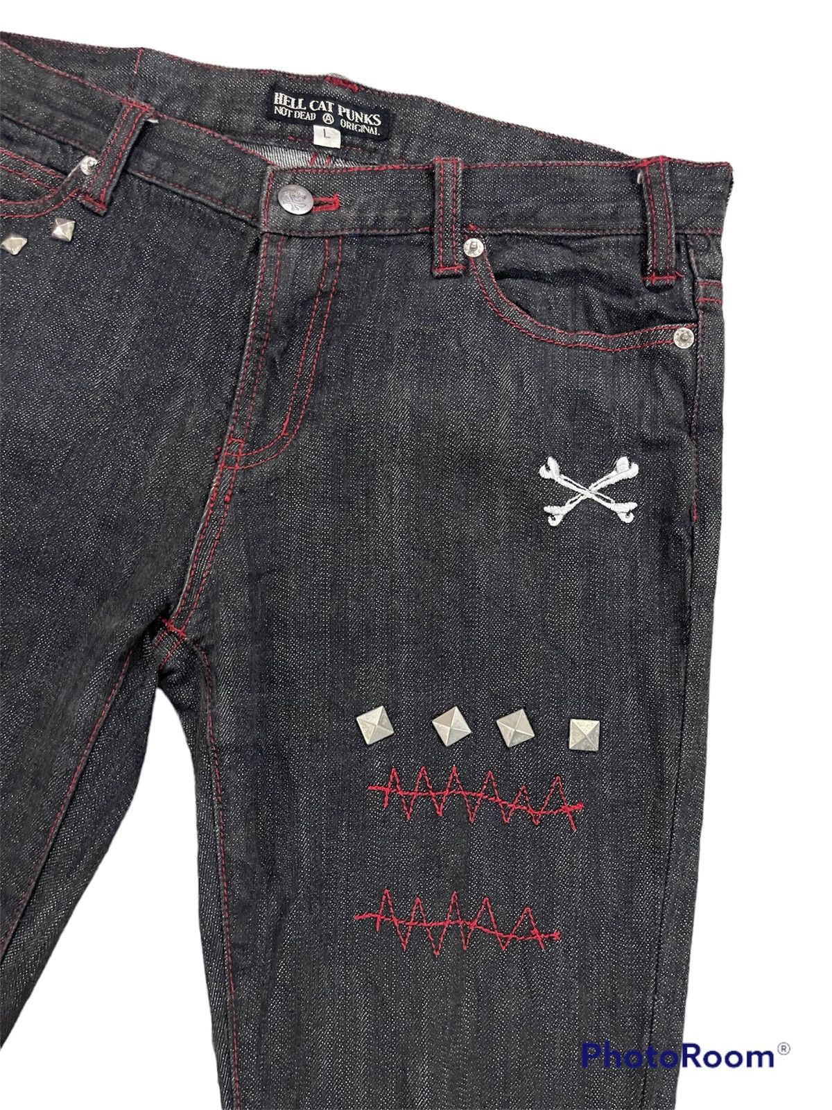 If Six Was Nine × Le Grande Bleu (L.G.B.) × Seditionaries Hell Cat Punks Not Dead Original Not Dead Unisex Slim Jeans Size 31" - 3 Thumbnail
