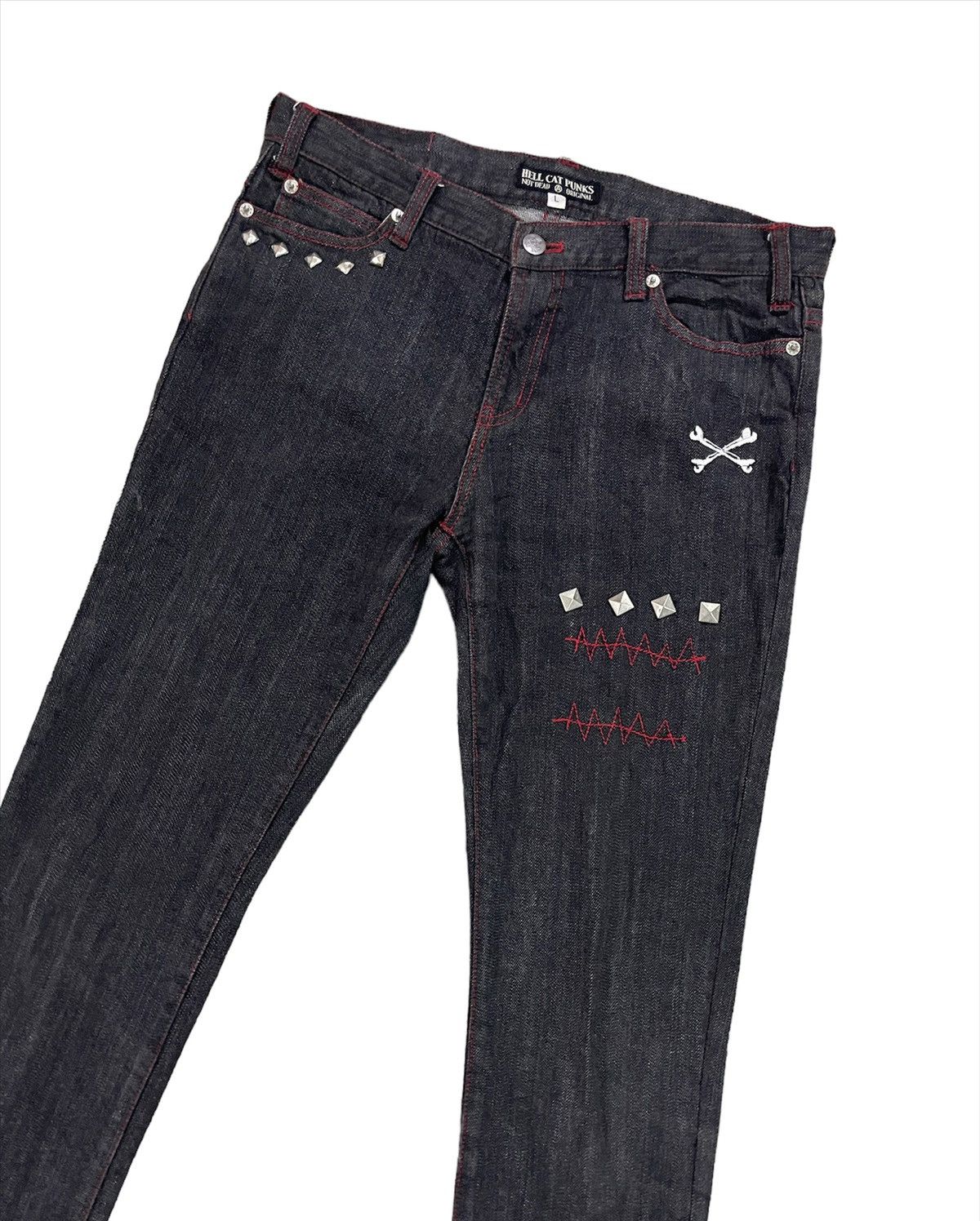 If Six Was Nine × Le Grande Bleu (L.G.B.) × Seditionaries Hell Cat Punks Not Dead Original Not Dead Unisex Slim Jeans Size 31" - 1 Thumbnail