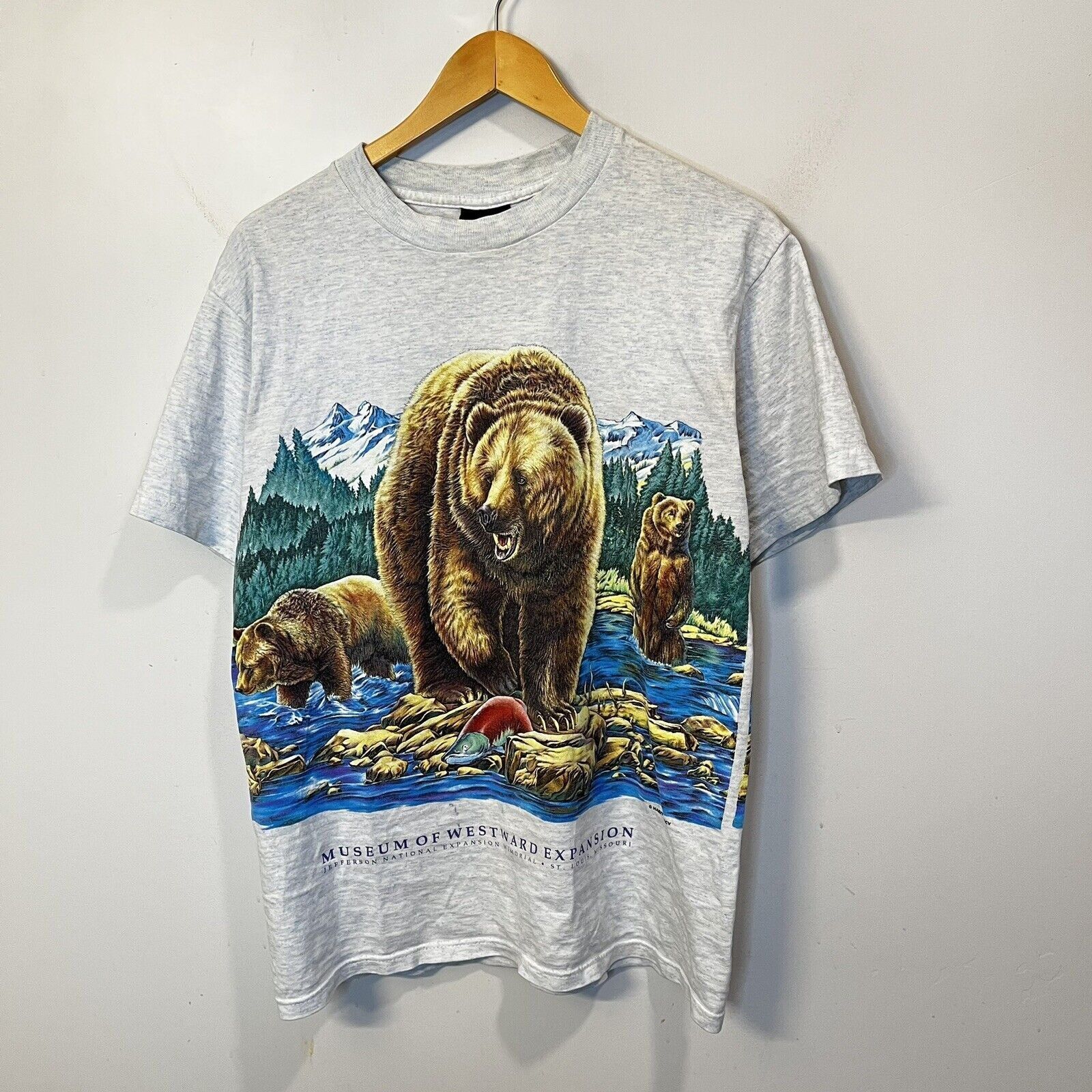 Vintage 90s Alaska Nature AOP Single Stitch Tee XL Blue Bear Scene