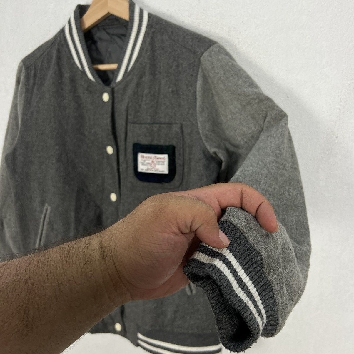 Harris Tweed × Japanese Brand VINTAGE HARRIS TWEED VARSITY JACKET Size US S / EU 44-46 / 1 - 7 Thumbnail