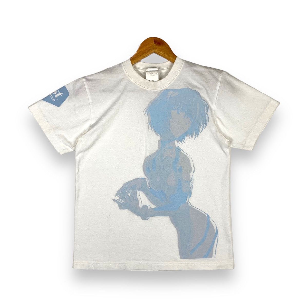 image of Anima x Vintage Evangelion Anime Rei Ayanami Big Print Cospa T Shirt in White, Men's (Size Small)