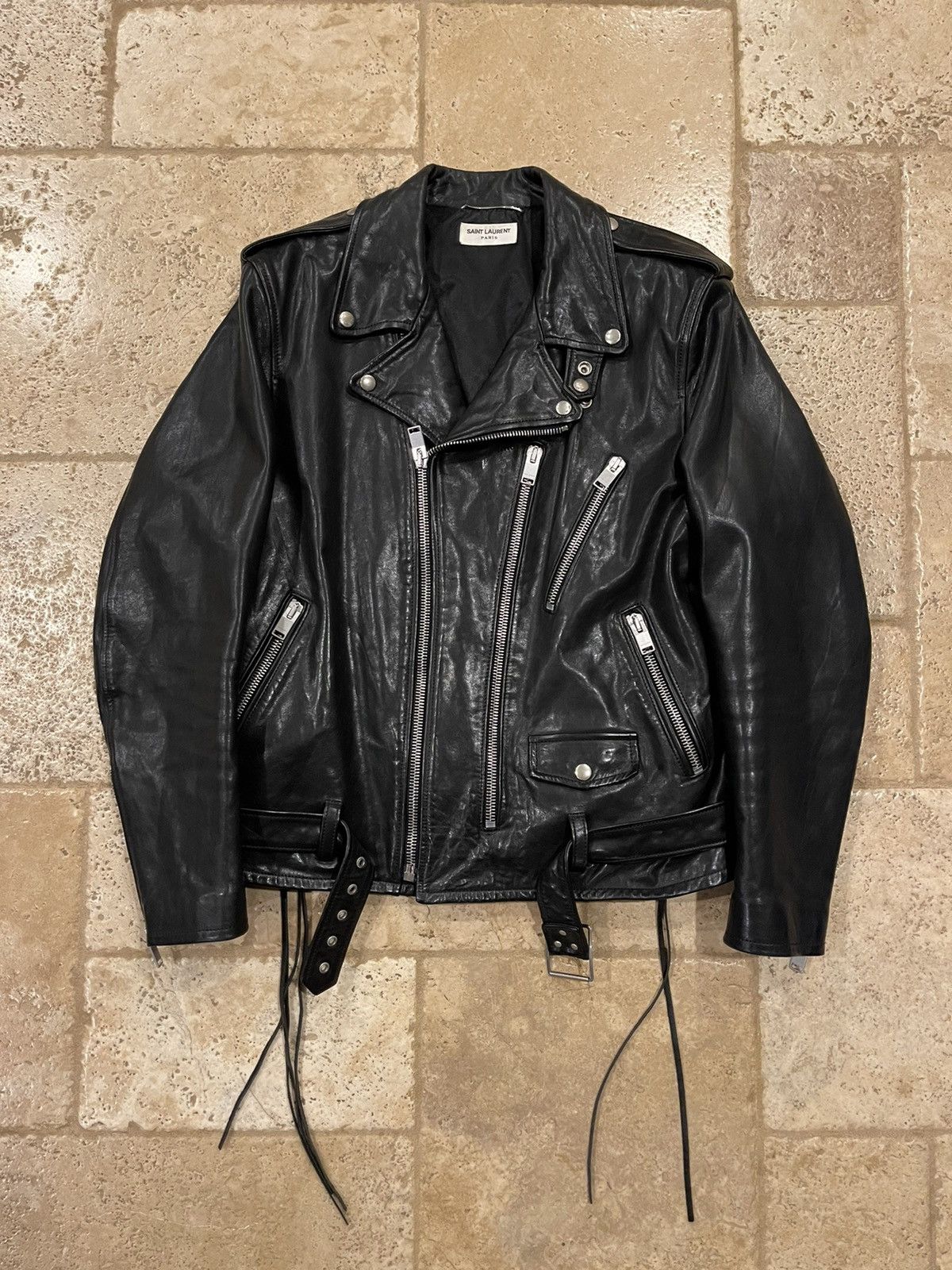 image of Hedi Slimane x Saint Laurent Paris X Hedi Fw13 Calf Oil L17 Leather Biker Jacket in Black (Size XL)