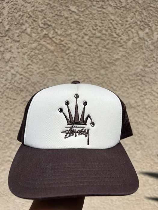 Vintage stussy crown stock trucker cap brown cream snapback hat