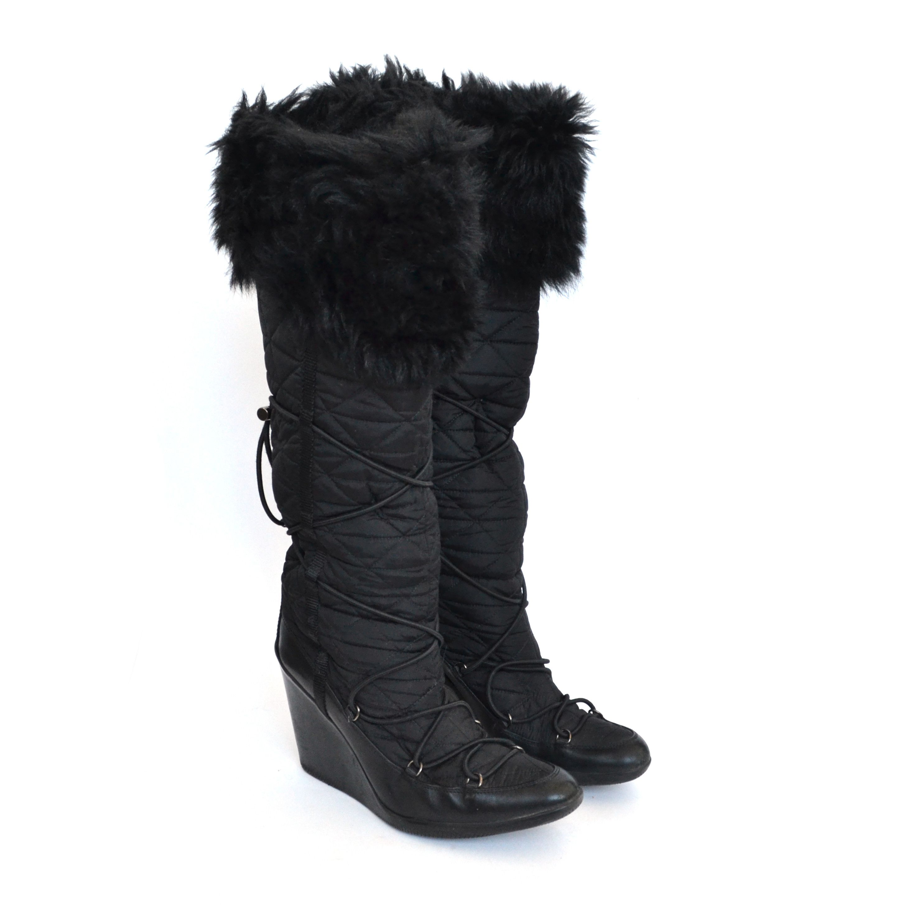 Prada 🔴 PRADA Boots Fur Platform Logo Shoes Lace Nylon Black 37 Size US 7.5 / IT 37.5 - 3 Thumbnail