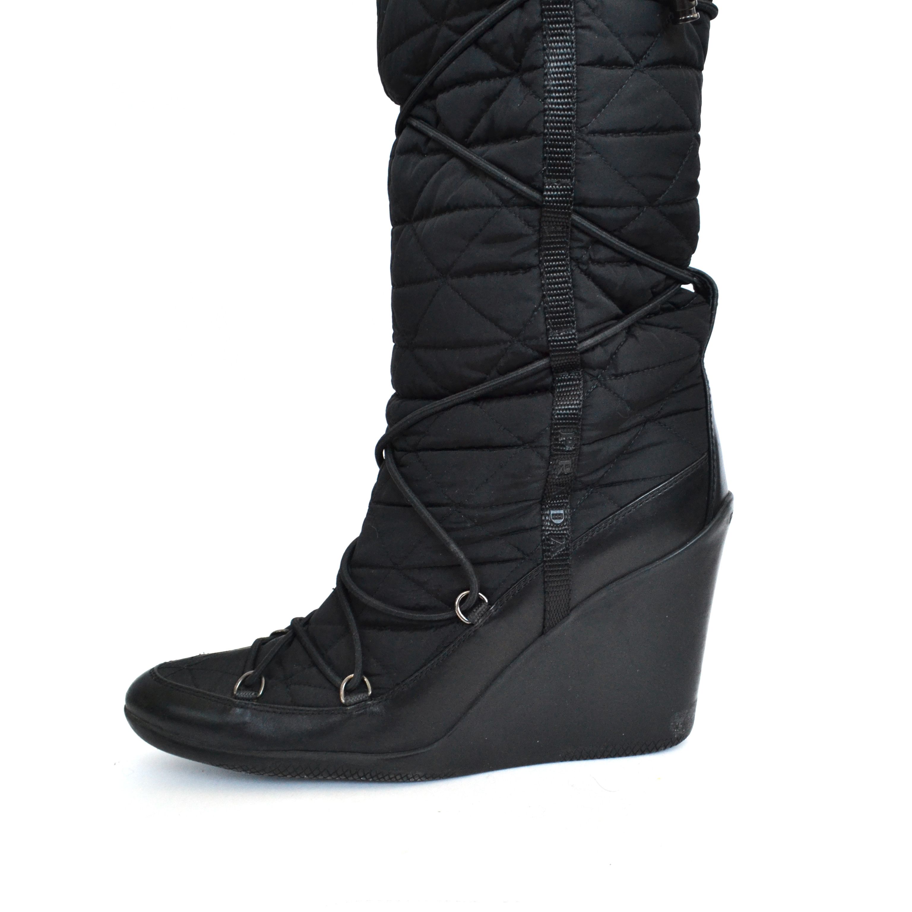 Prada 🔴 PRADA Boots Fur Platform Logo Shoes Lace Nylon Black 37 Size US 7.5 / IT 37.5 - 7 Thumbnail