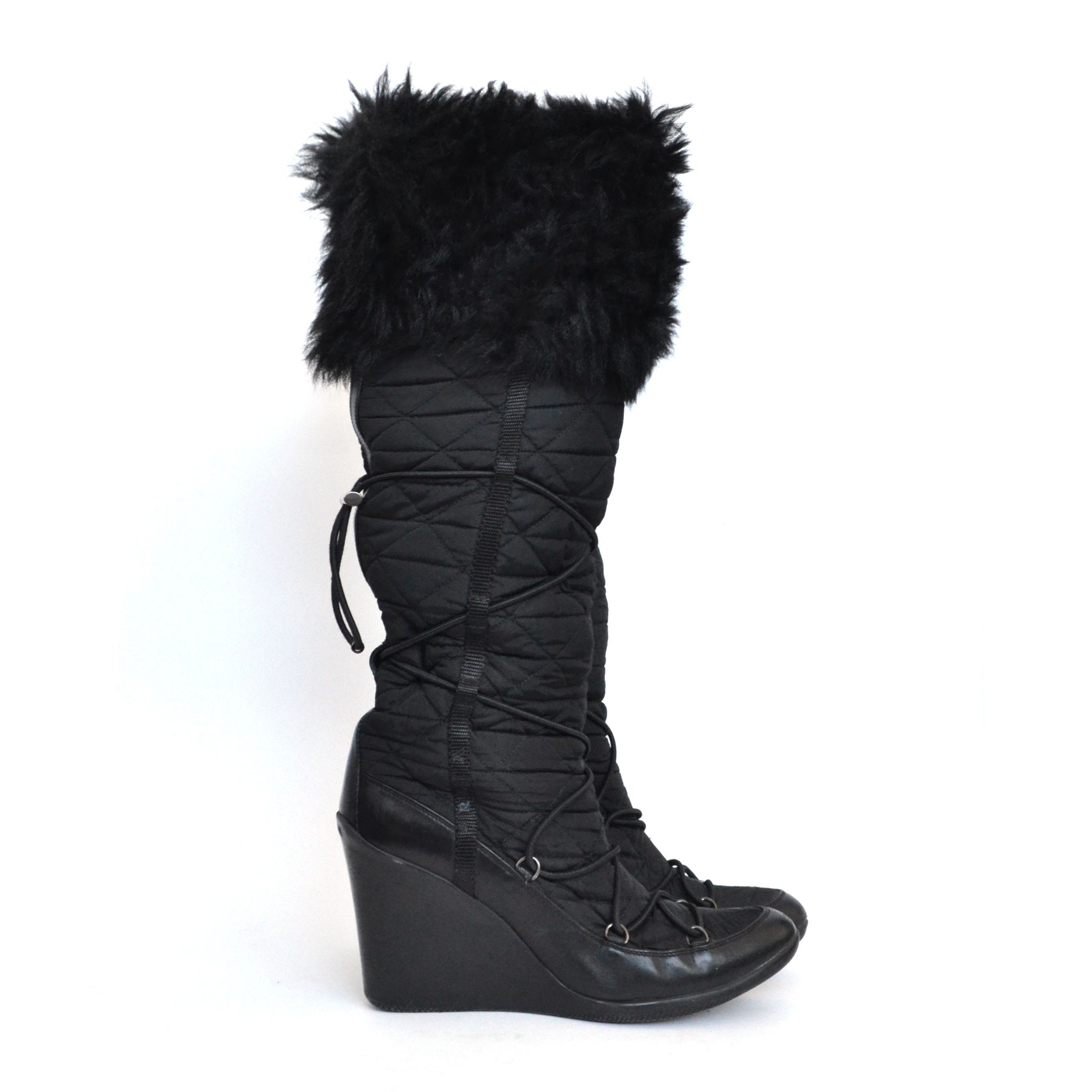 Prada 🔴 PRADA Boots Fur Platform Logo Shoes Lace Nylon Black 37 Size US 7.5 / IT 37.5 - 9 Thumbnail