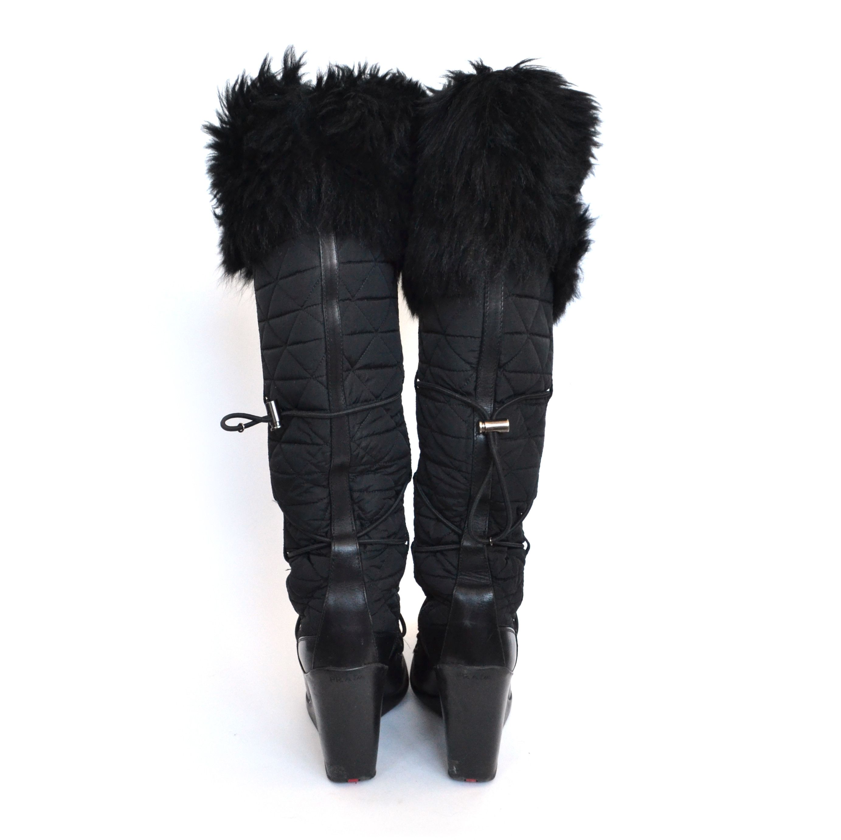 Prada 🔴 PRADA Boots Fur Platform Logo Shoes Lace Nylon Black 37 Size US 7.5 / IT 37.5 - 6 Thumbnail