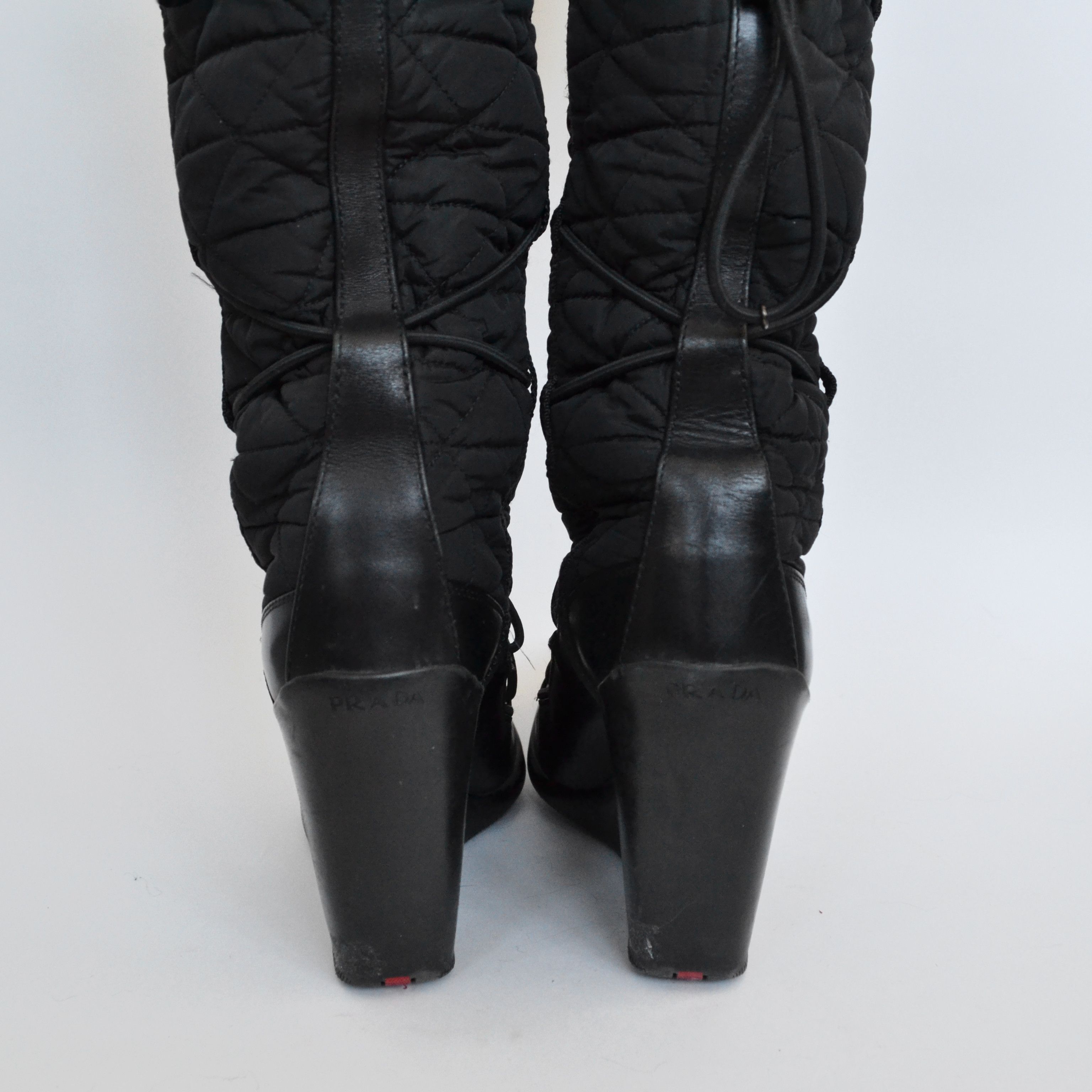 Prada 🔴 PRADA Boots Fur Platform Logo Shoes Lace Nylon Black 37 Size US 7.5 / IT 37.5 - 11 Thumbnail