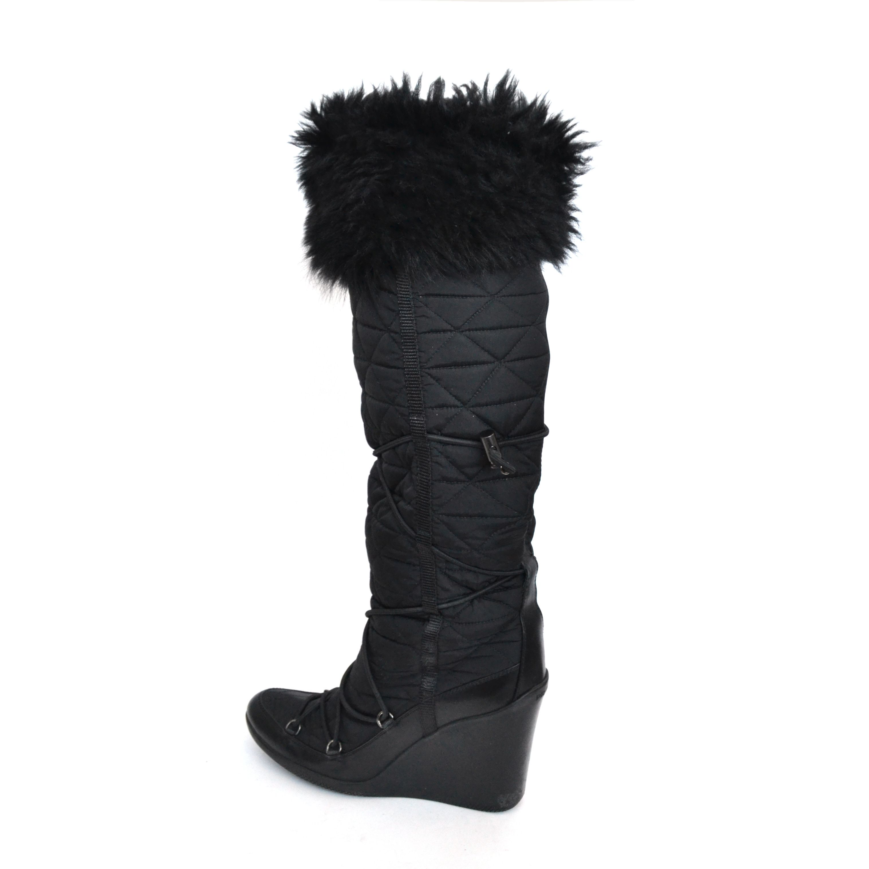 Prada 🔴 PRADA Boots Fur Platform Logo Shoes Lace Nylon Black 37 Size US 7.5 / IT 37.5 - 13 Thumbnail
