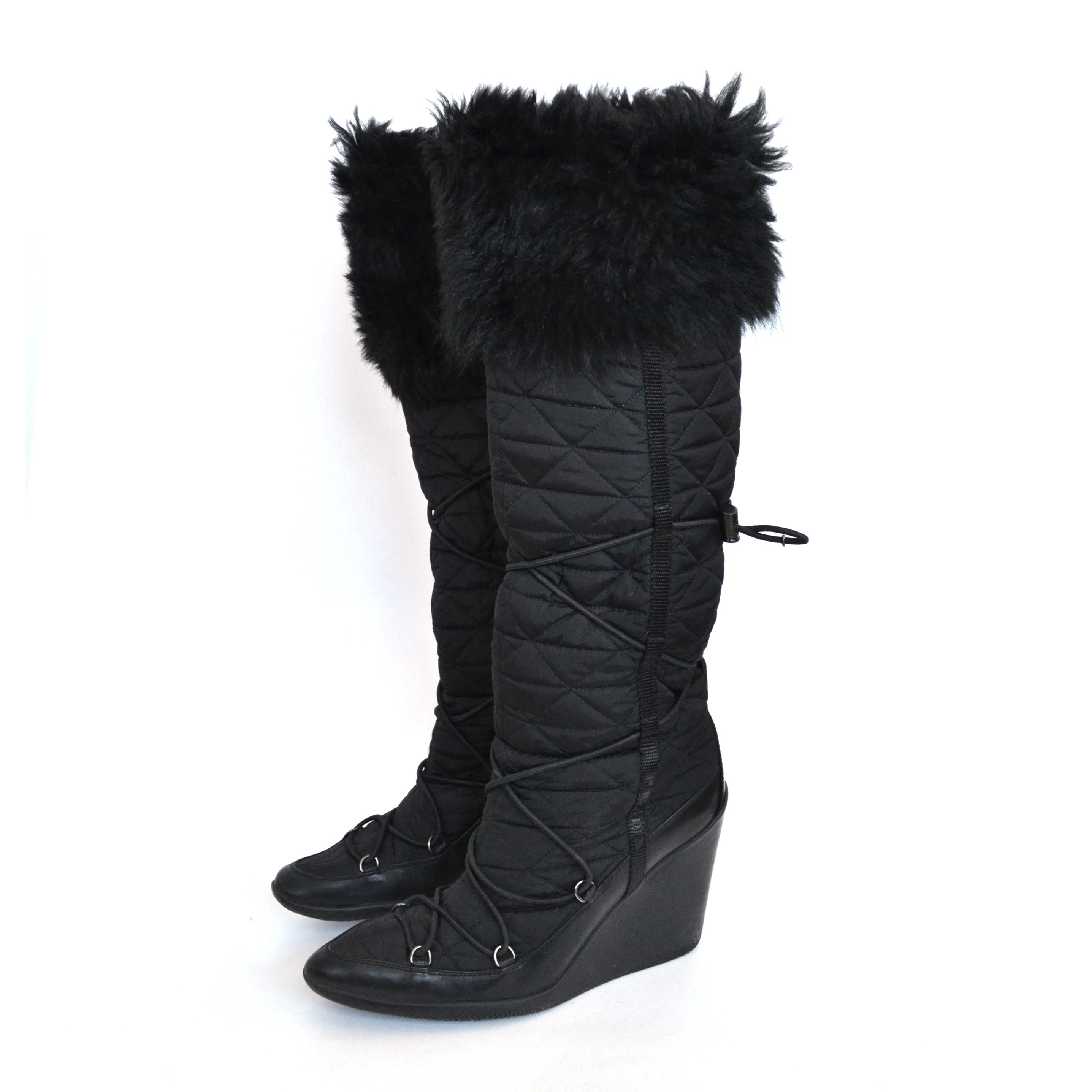 Prada 🔴 PRADA Boots Fur Platform Logo Shoes Lace Nylon Black 37 Size US 7.5 / IT 37.5 - 12 Thumbnail