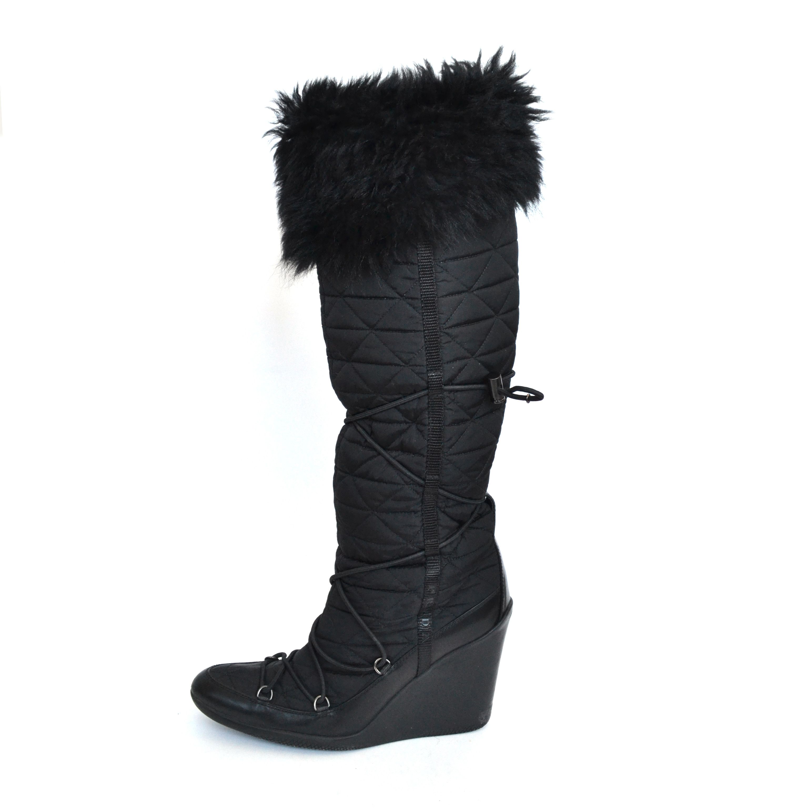 Prada 🔴 PRADA Boots Fur Platform Logo Shoes Lace Nylon Black 37 Size US 7.5 / IT 37.5 - 1 Thumbnail