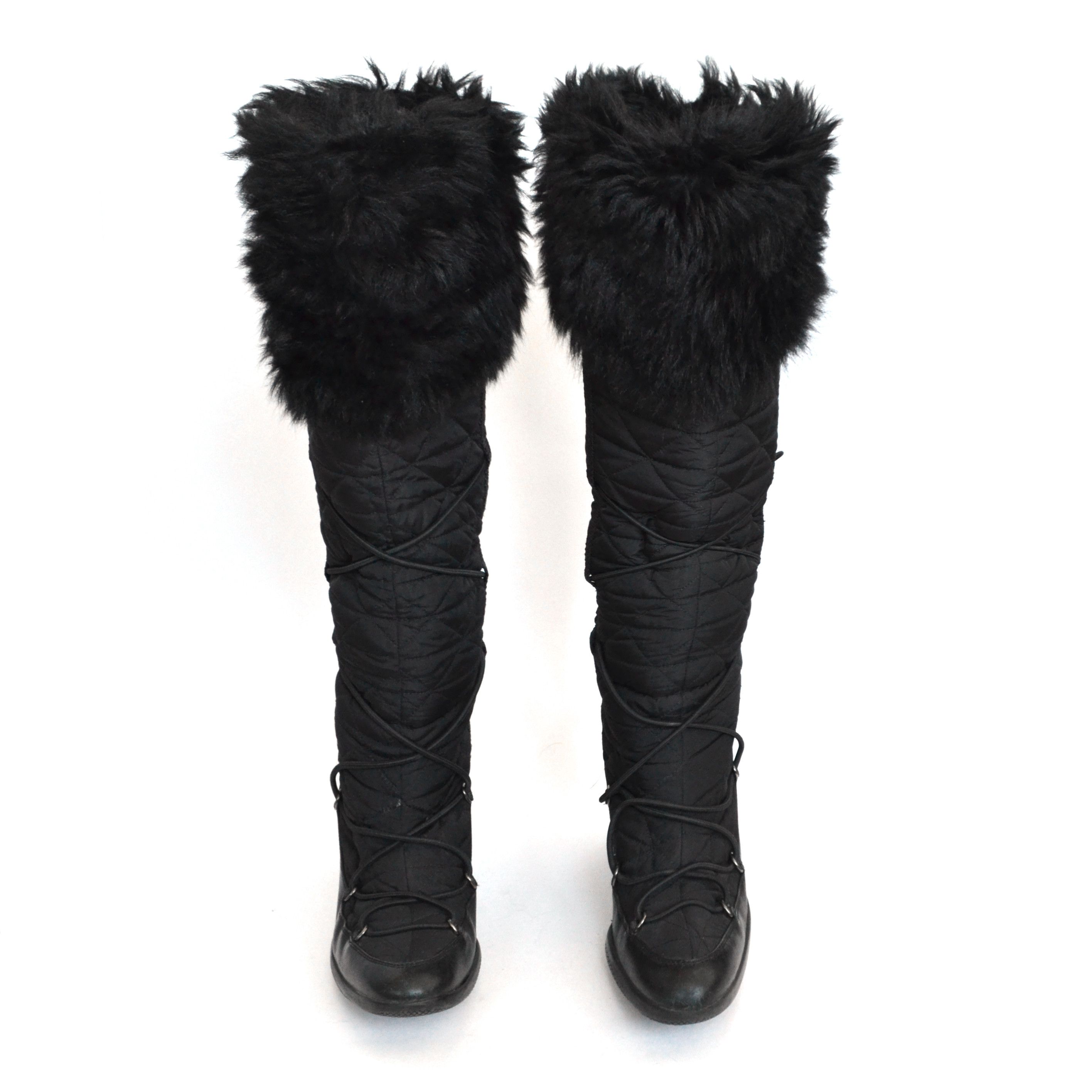 Prada 🔴 PRADA Boots Fur Platform Logo Shoes Lace Nylon Black 37 Size US 7.5 / IT 37.5 - 5 Thumbnail