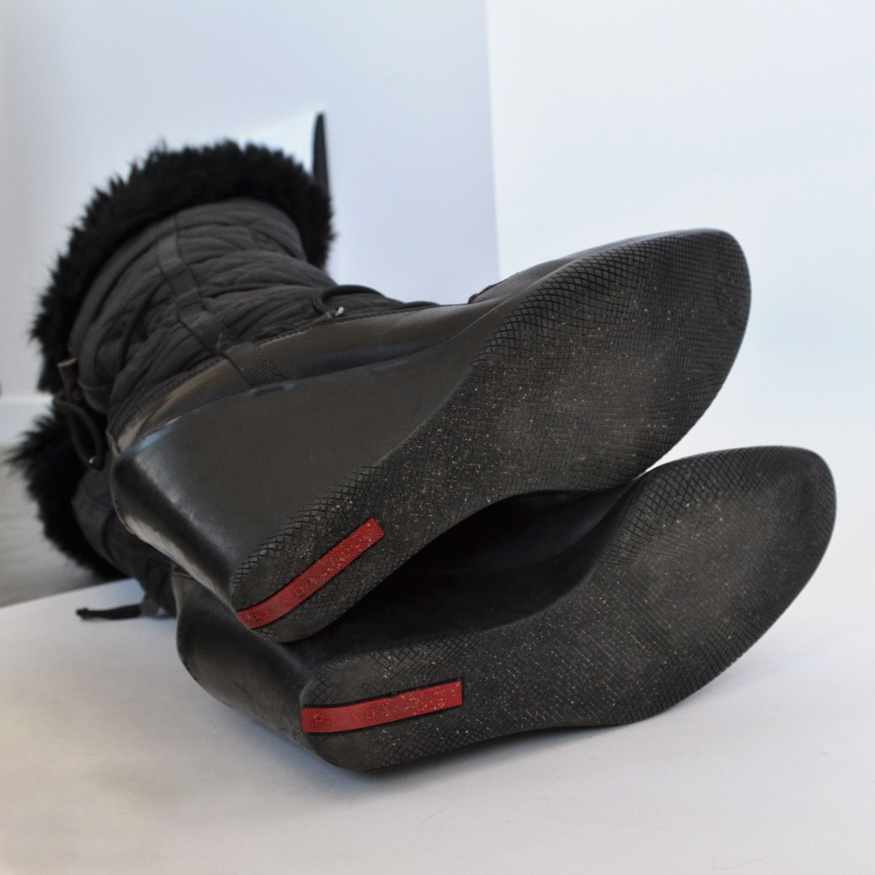 Prada 🔴 PRADA Boots Fur Platform Logo Shoes Lace Nylon Black 37 Size US 7.5 / IT 37.5 - 16 Thumbnail