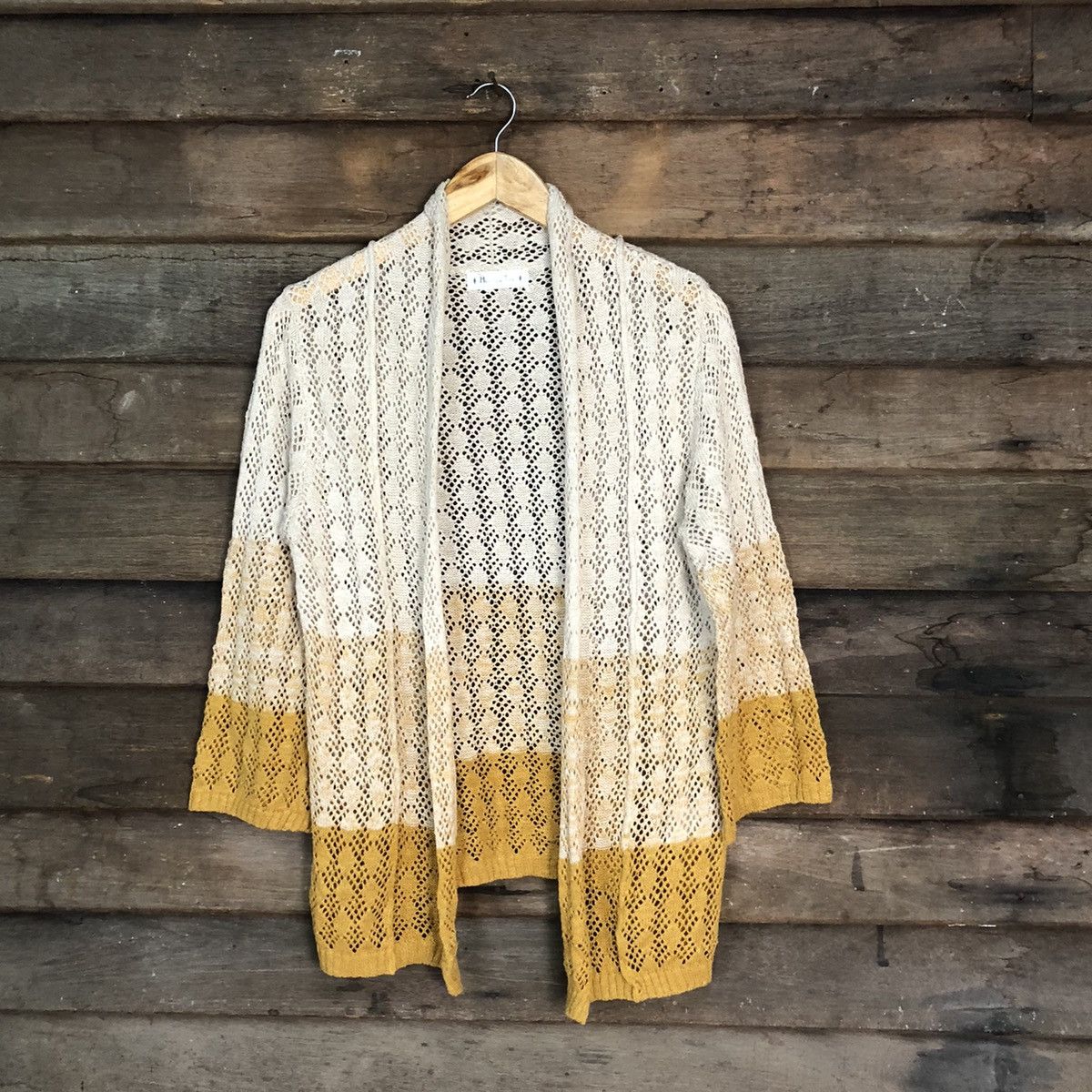 Humming Tone Mesh Net Crochet Brown Cardigan Knitwear #7153