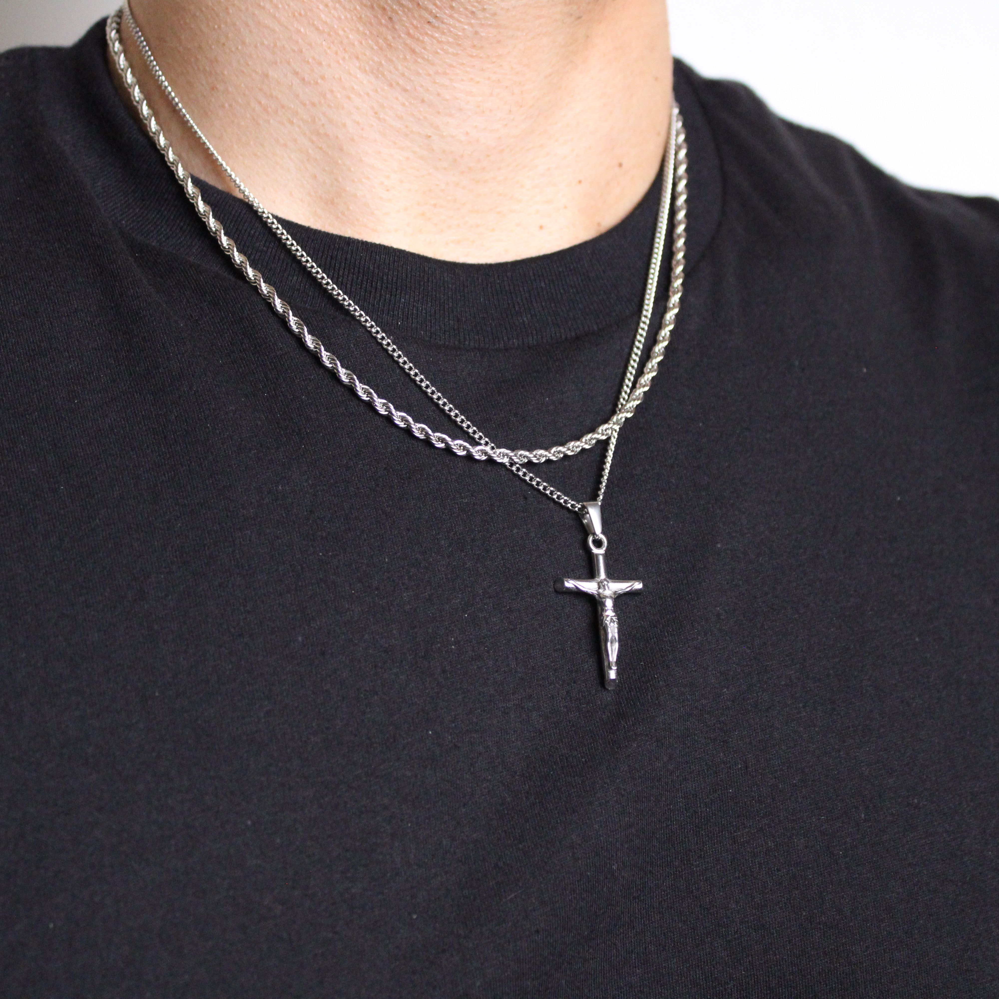 Jewelry Silver Crucifix Cross Pendant Necklace & 3mm Rope Chain Set Size ONE SIZE - 2 Thumbnail
