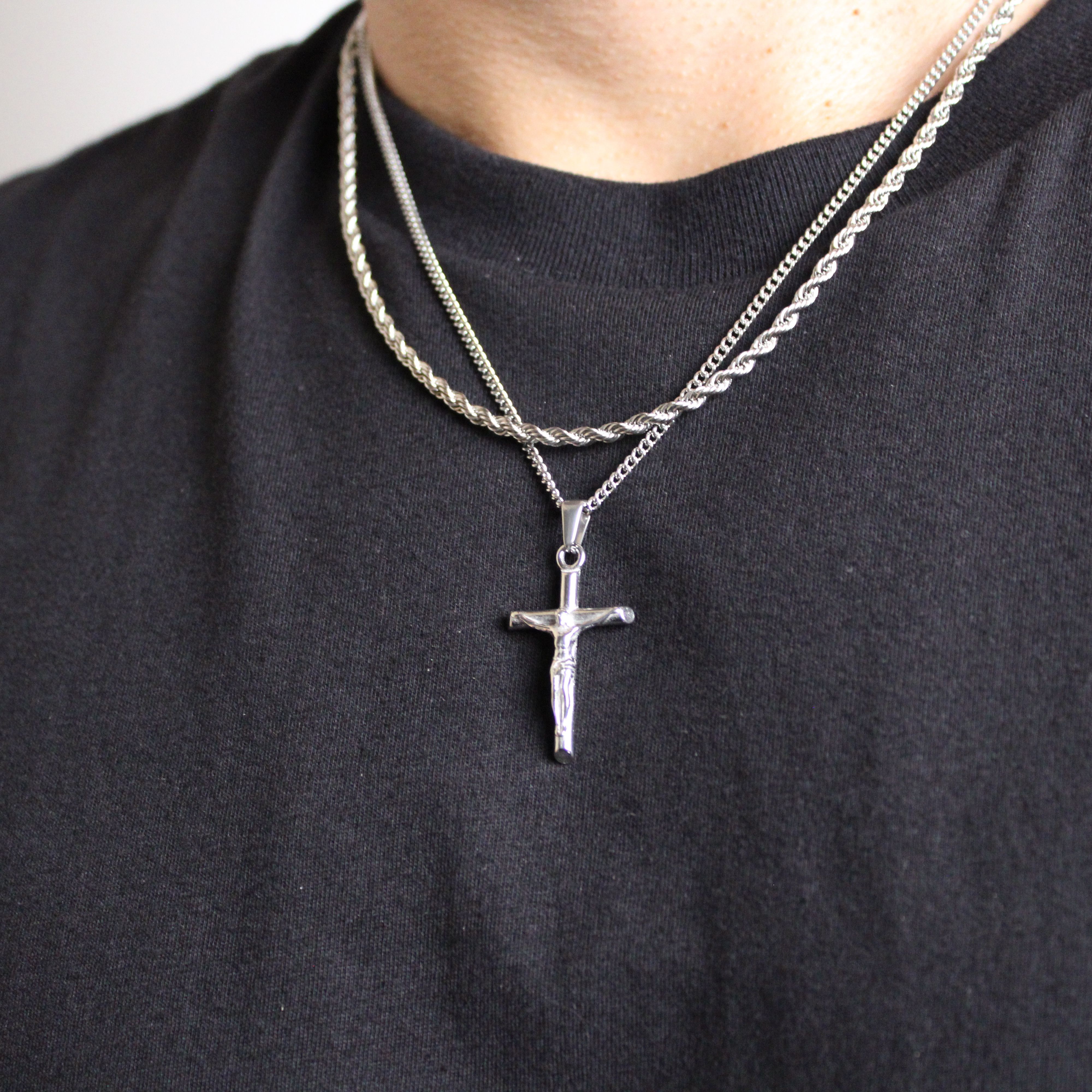 Jewelry Silver Crucifix Cross Pendant Necklace & 3mm Rope Chain Set Size ONE SIZE - 3 Thumbnail