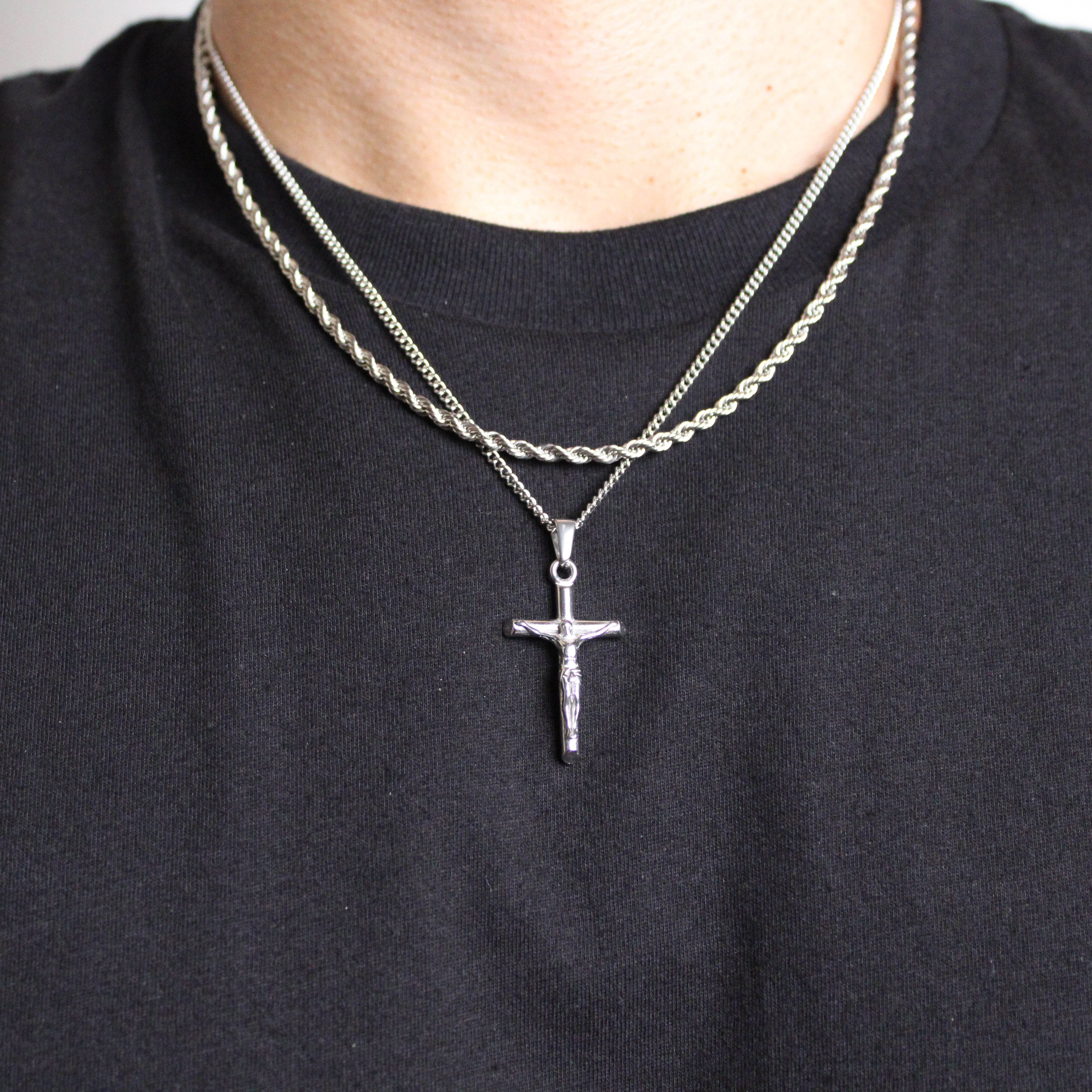Jewelry Silver Crucifix Cross Pendant Necklace & 3mm Rope Chain Set Size ONE SIZE - 1 Thumbnail