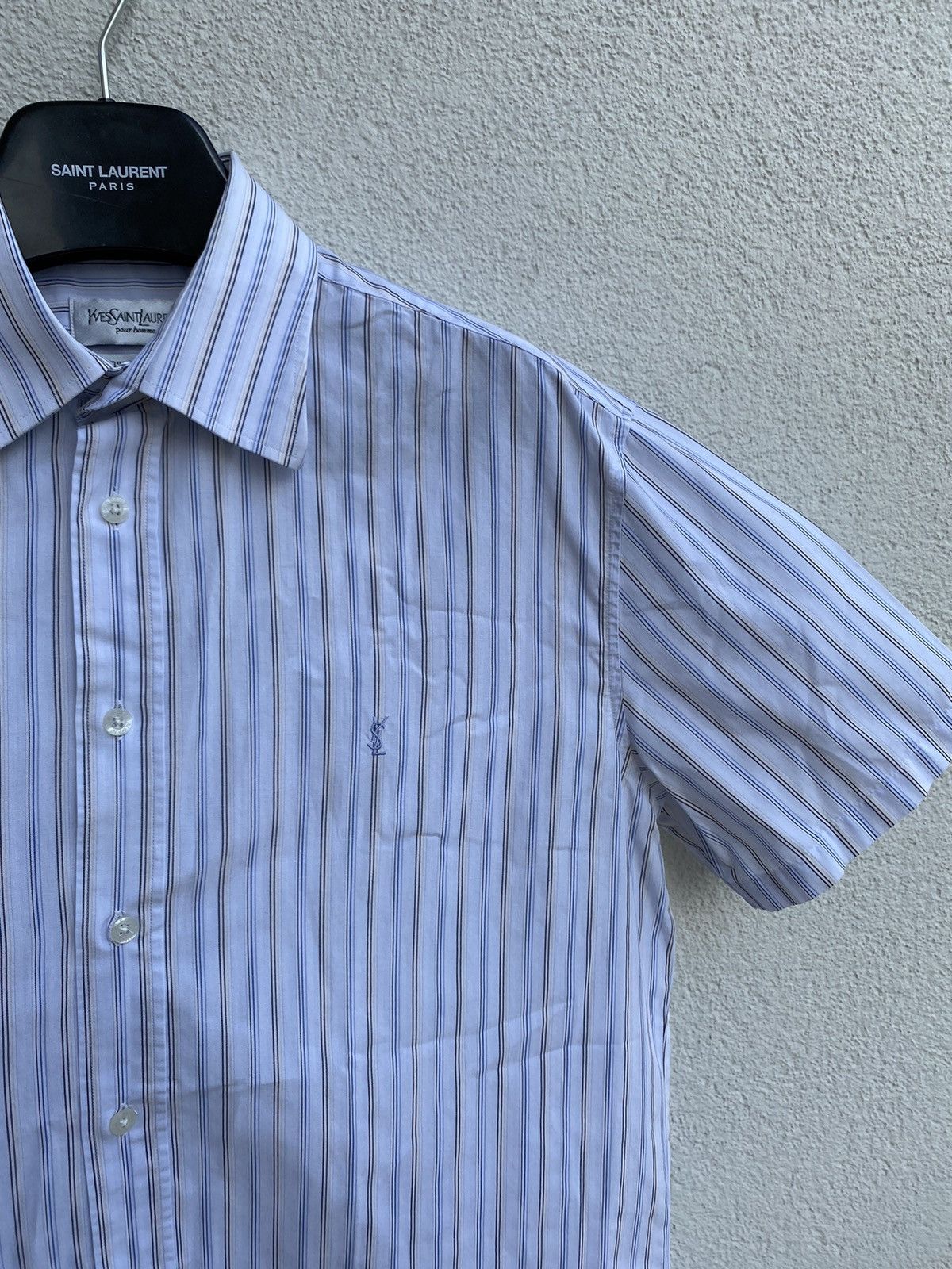 image of Vintage x YVES Saint Laurent Cotton YSL Shirt White in White Blue, Men's (Size Medium)