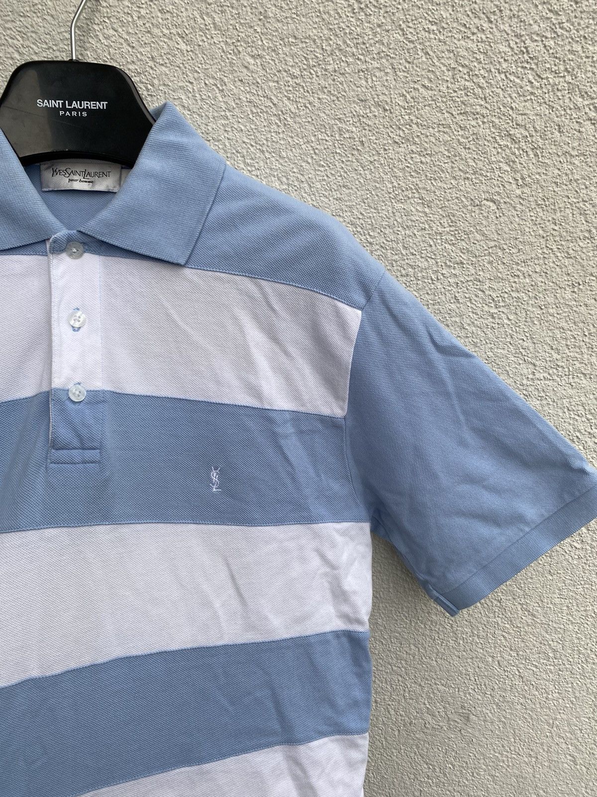 image of Vintage x YVES Saint Laurent YSL Polo Logo Summer YSL T-Shirt Blue White in White Blue (Size Medium