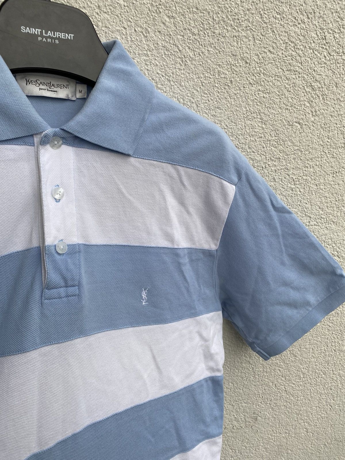 image of Vintage x YVES Saint Laurent YSL Polo Logo Summer YSL T-Shirt Blue White in White Blue (Size Medium