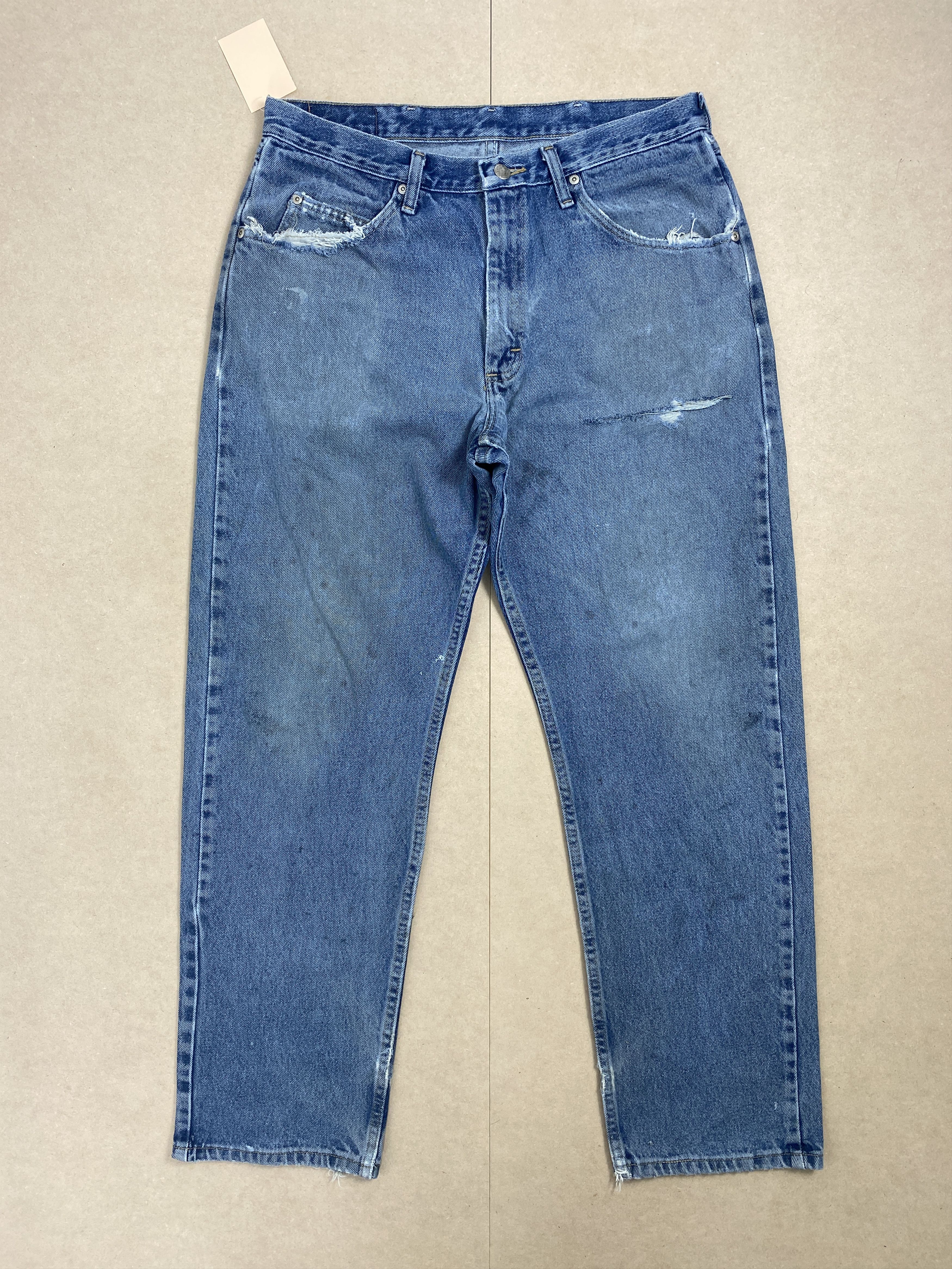 image of Vintage Wrangler Straight Cut Distressed Blue Jeans in Blue Denim, Men's (Size 34)