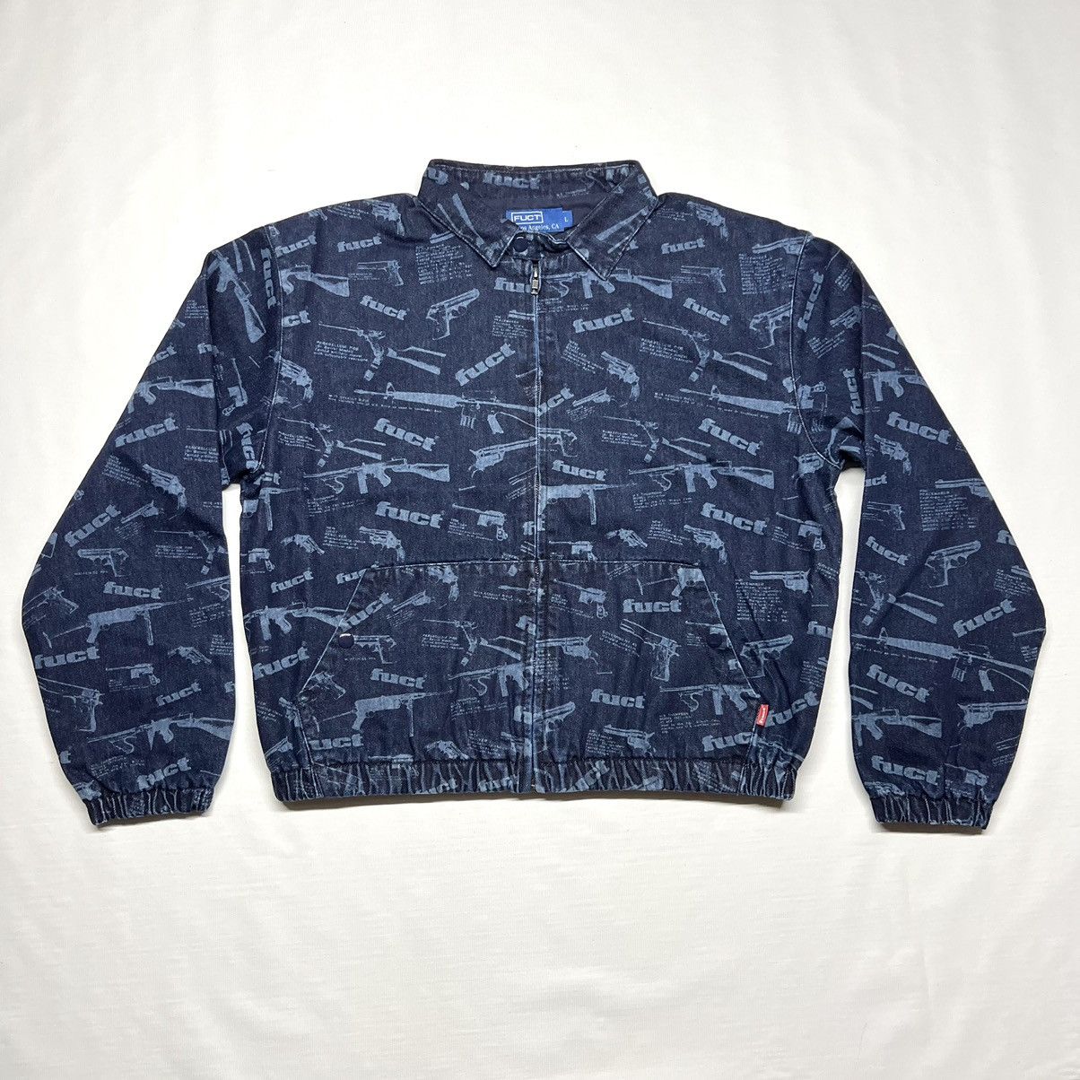 image of Fuct Zip Up All Over Gun Pattern Denim Jacket Blue, Men's (Size Large)