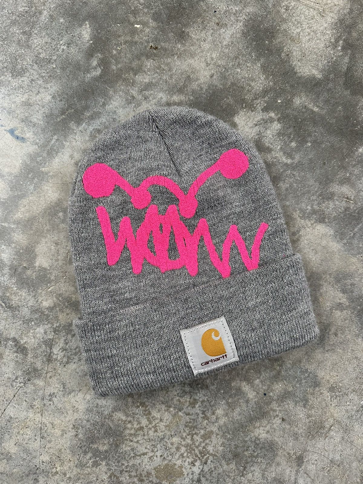 image of Asspizza x Carhartt Pink + Grey Patch Logo Beanie 730, Men's