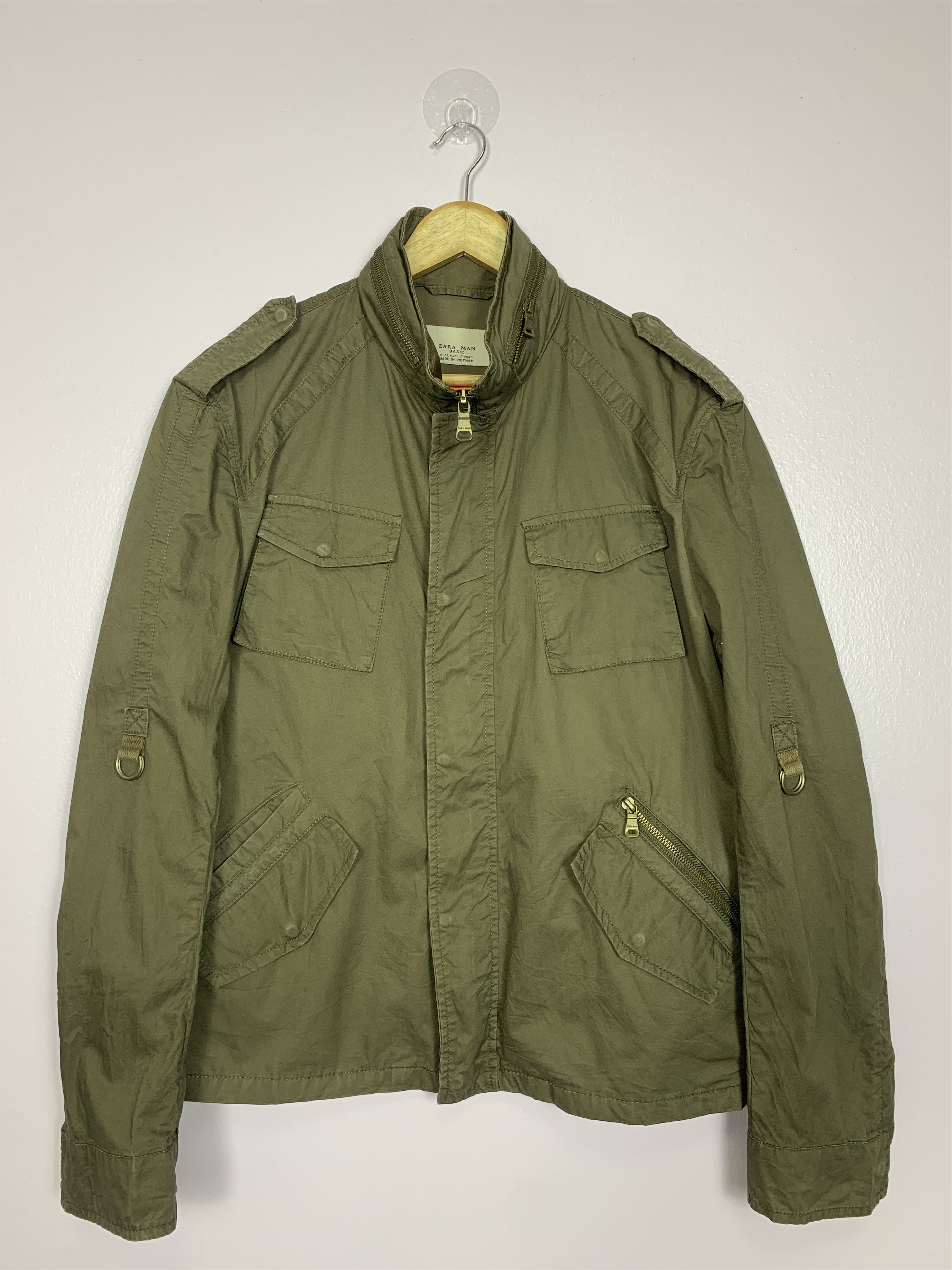 image of Cotton Multi Pocket Zip Up Military Jacket in Miltary Green, Men's (Size Large)