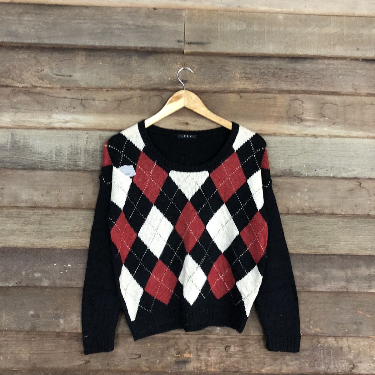 image of Homespun Knitwear Ingni Red Black Checkered Knitwear 513B in Black/Red, Women's (Size Medium)