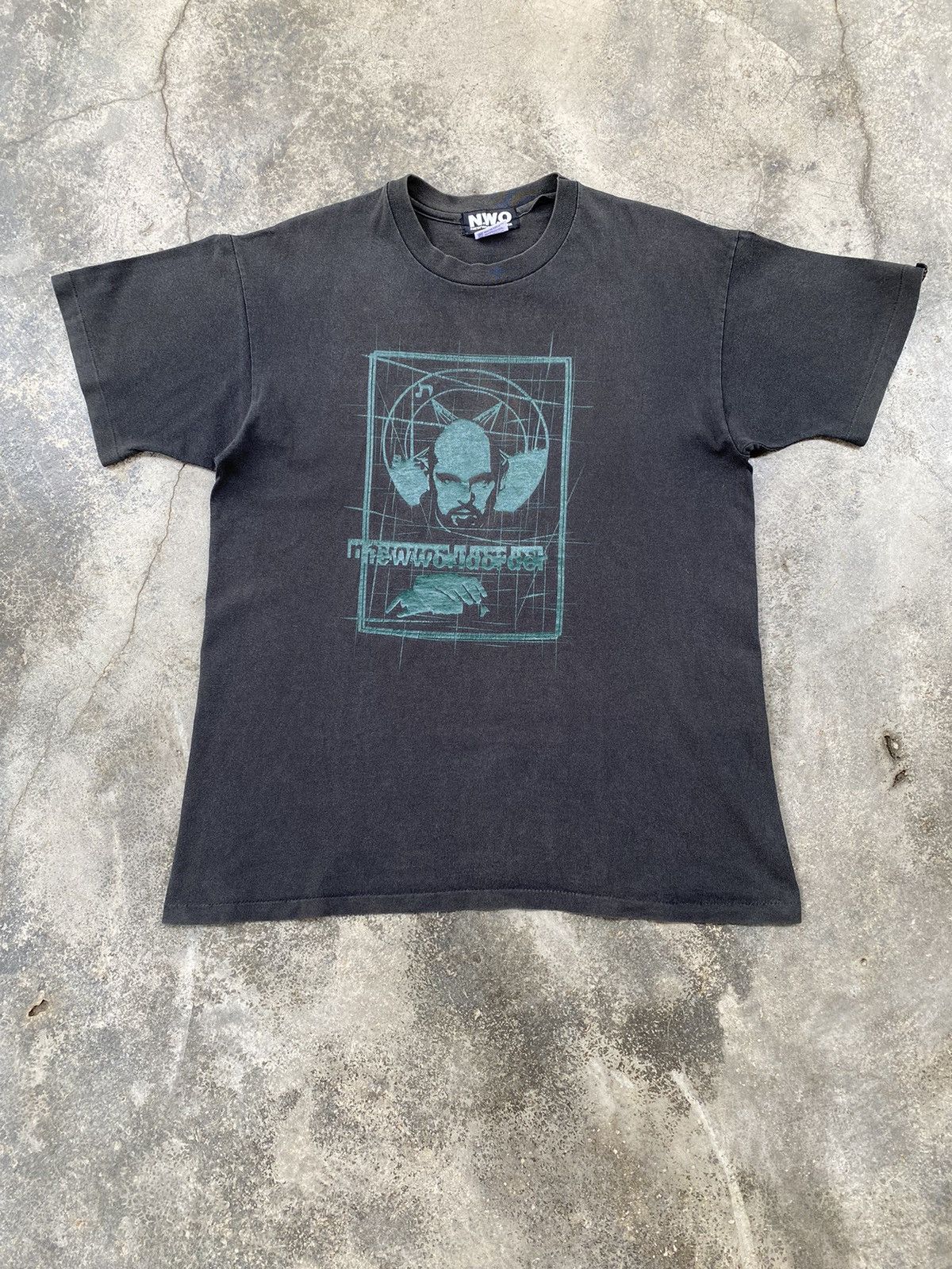 image of Band Tees Vintage New World Order Anton Lavey Tees in Black Faded, Men's (Size Large)